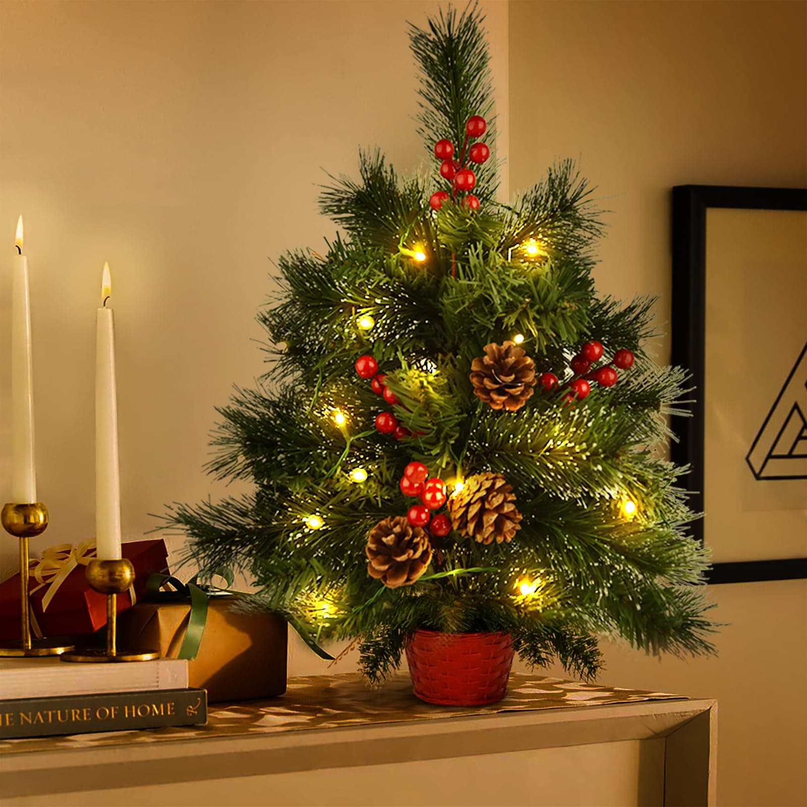 20 Inch Tabletop Mini Christmas Tree Pre-lit Artificial Mini Christmas Tree with Warm LED Lights, Red Berries Pinecone Ornaments for Christmas Home Indoor Decorations