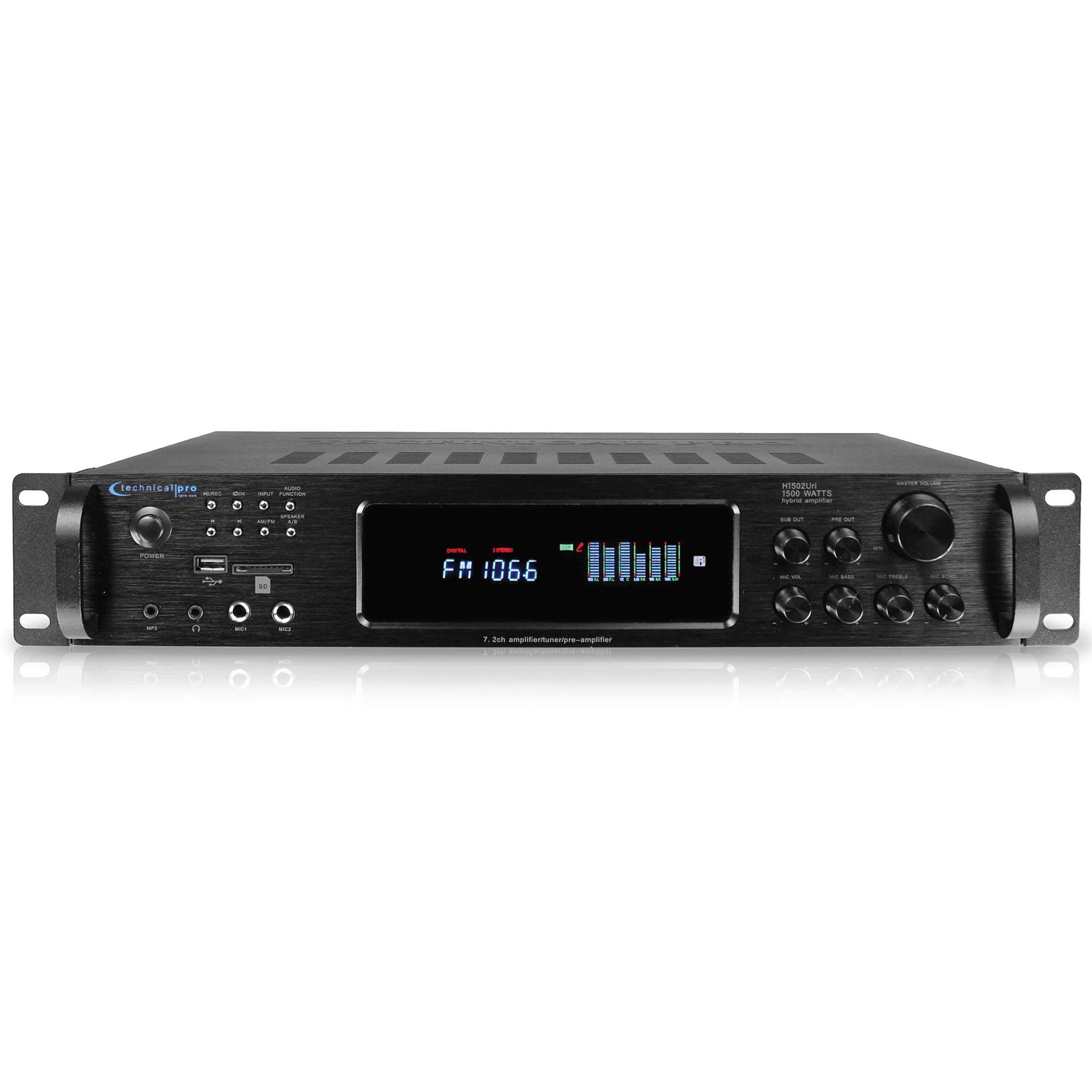 Technical Pro Bluetooth Home Stereo Amplifier, Digital Hybrid Multi Channel, 1500 Watt, Preamp, Tuner with USB and SD Inputs, 2 Mic Inputs, AM/FM digital tuner, Wireless Remote, Bass & Treble Controls