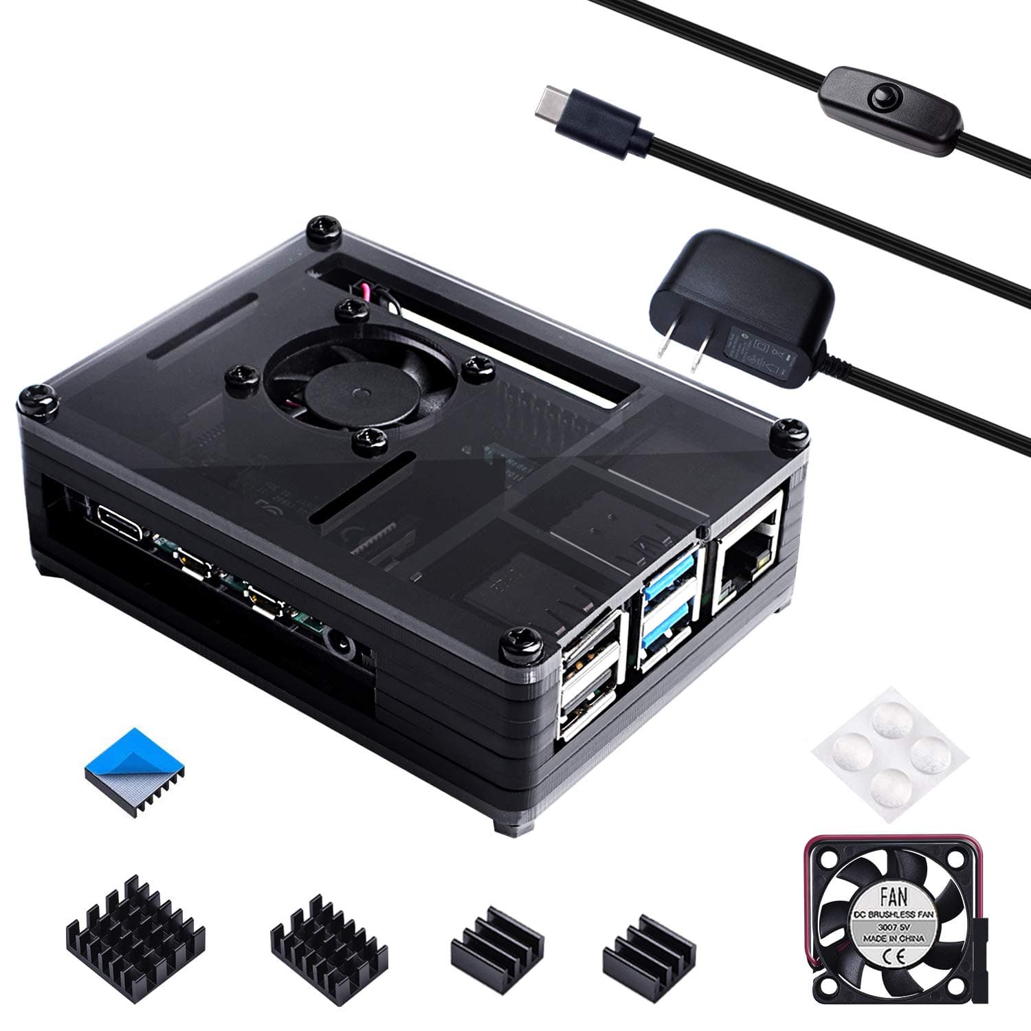 SmrazaCase for Raspberry Pi 4, Acrylic Pi 4B Case with Quiet Cooling Fan, 4PCS Heatsinks, 5V 3A USB-C Power Supply for Raspberry Pi 4 Model B 8GB/4GB/2GB - Black