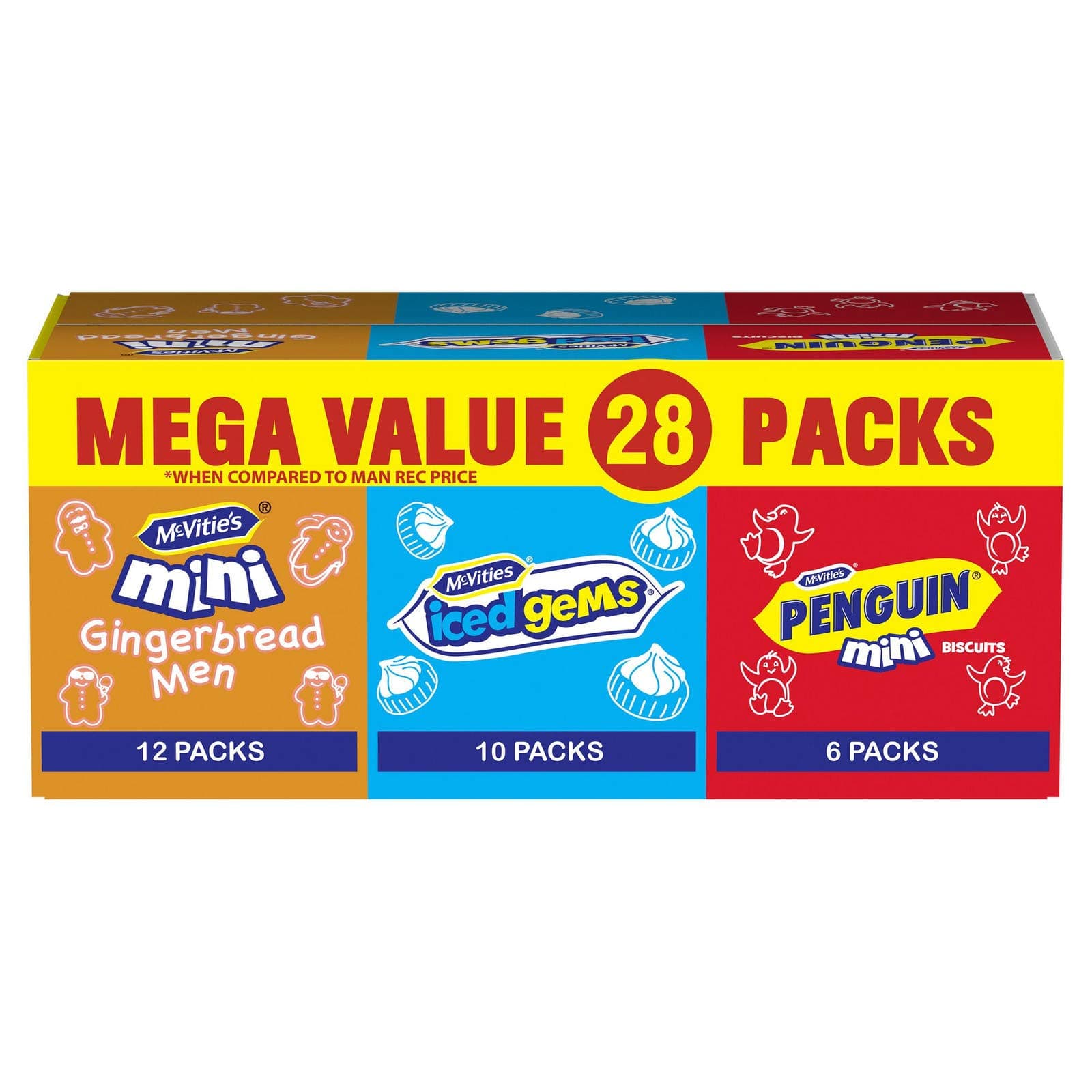 McVities Mega Value 28 Packs 12 Mini Ginger Bread Men, 10 Iced Gems& 6 Mini Cookies