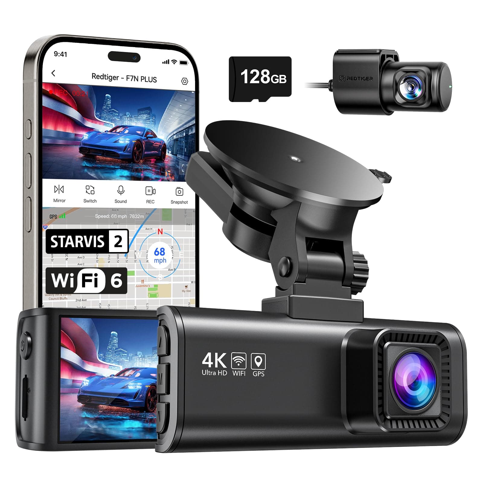 REDTIGER Dash Camera, Front and Rear Camera, 4K/2.5K Full HD Car Dash Camera, 32GB SD Card, Built-in Wi-Fi GPS, 3.18-inch IPS Screen, 170° Wide Angle, WDR Included, 24H Parking Surveillance