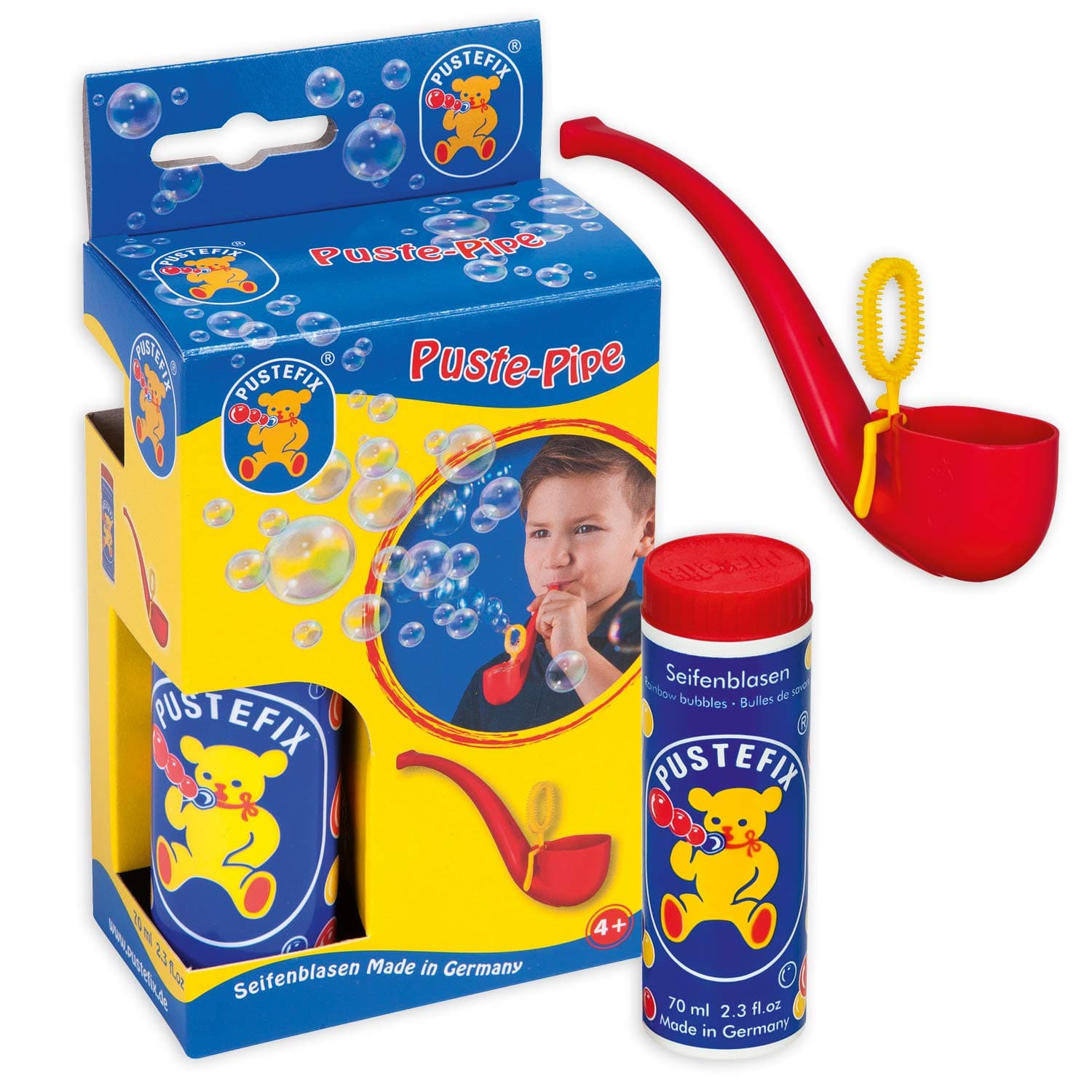 PUSTEFIX Bubbles Pipe, 70ml Bubble Solution, Colourful Bubbles, Made in Germany, Soap Bubbles Toy for Children's Birthdays, Weddings, Parties for Children and Adults, Red