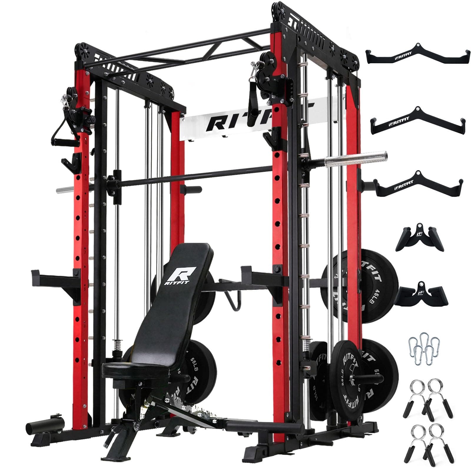 RitFit M1 Smith Machine with Cable Crossover System, Multi-Function Squat Rack Power Cage for Home Gym, Power Rack and Packages with Olympic Barbell Weight Set, Weight Bench, Olympic Bar and More