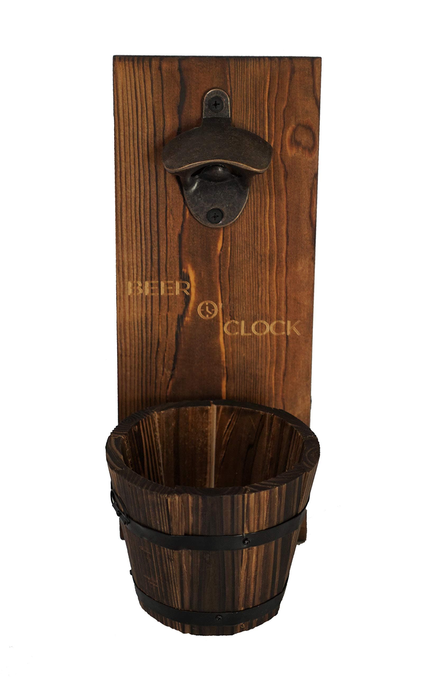 €œBeer O€™ Clock€ Rustic Wall Mounted Bottle Opener and Catcher - Dark Stain Pine with Zinc Alloy Opener - Removable Wooden Bucket - Man (or Woman) Cave Ready