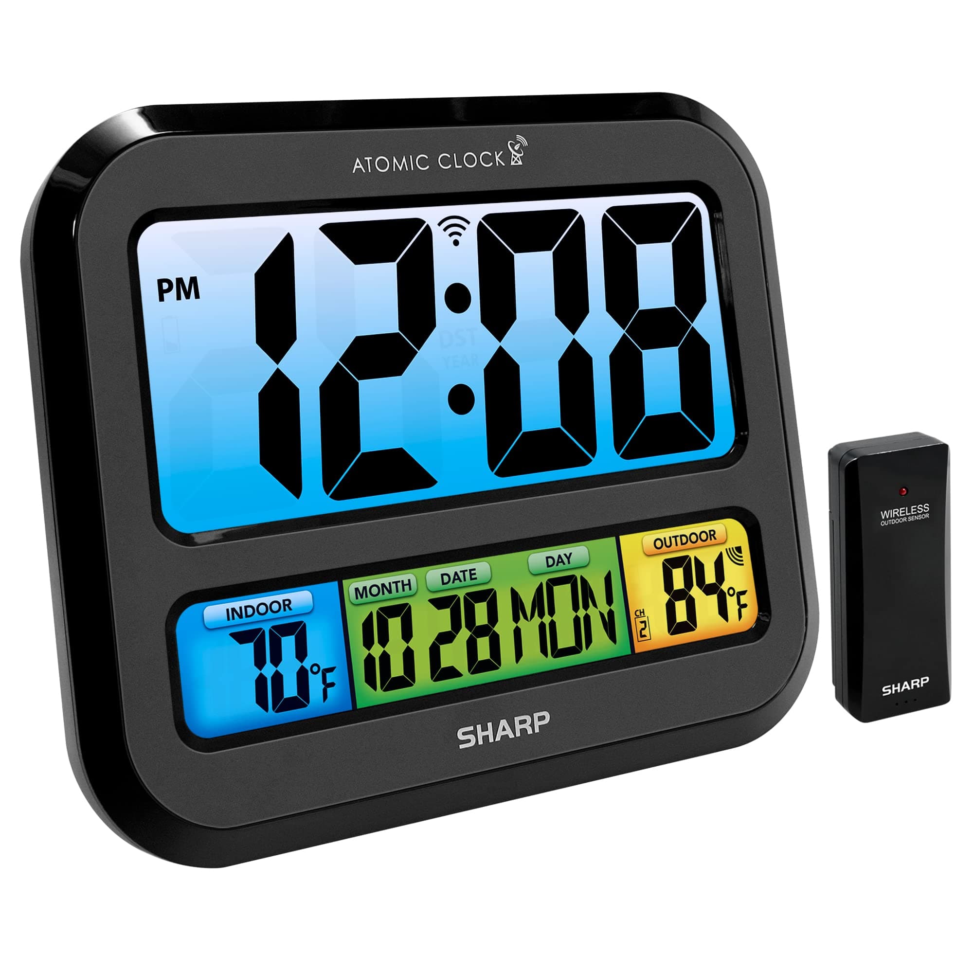 Sharp Atomic Clock with Large Bright Color Display, Atomic Accuracy, Jumbo 3" Easy to Read Numbers - Indoor/Outdoor Temperature Display with Wireless Outdoor Sensor