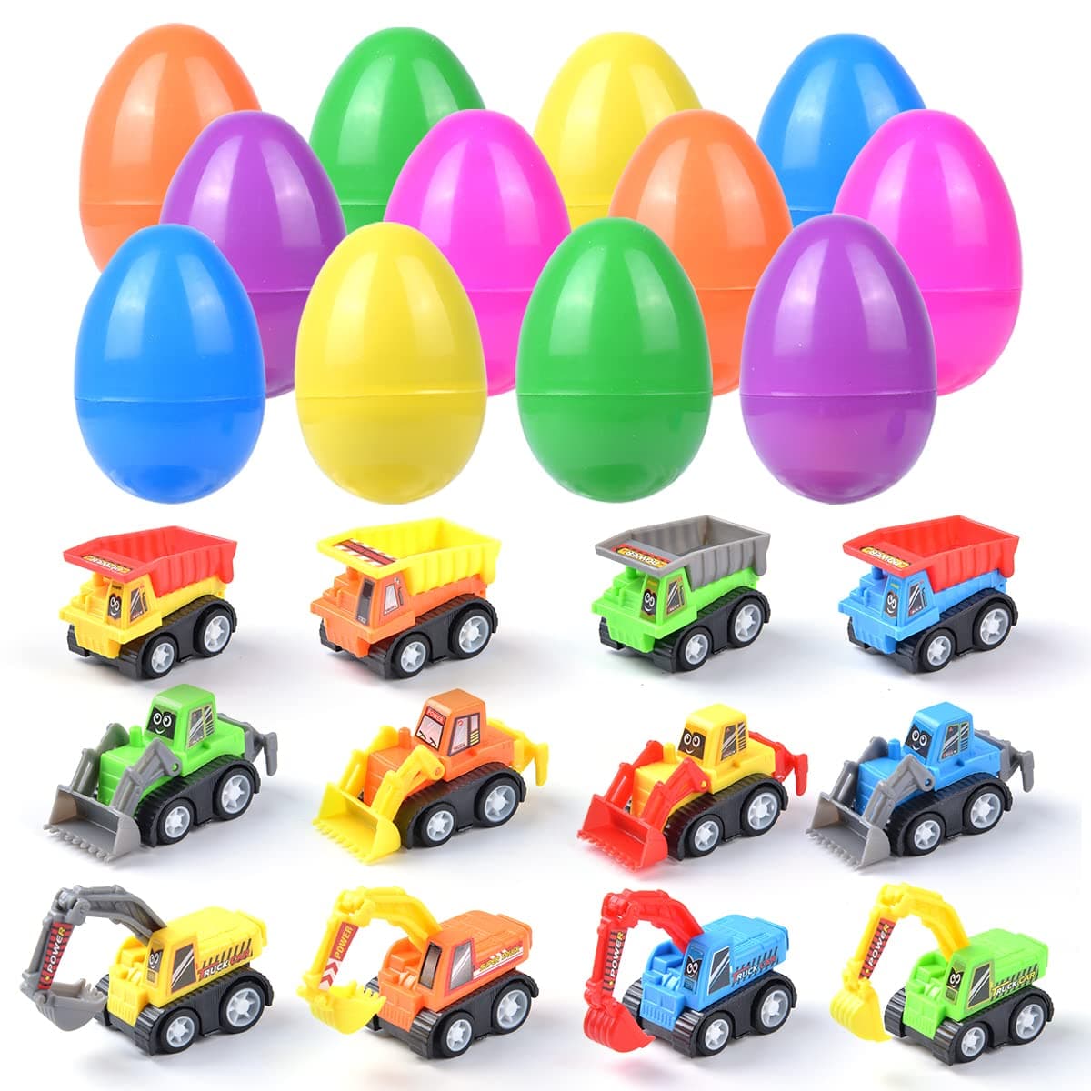 FUNNISM 12 Pack Easter Eggs Prefilled with Pull Back Cars Toy, Plastic Egg Vehicle Toys for Easter Hunt Party Favor, Basket Stuffers Fillers, Goodie Bag Fillers, Classroom Activity for Kids
