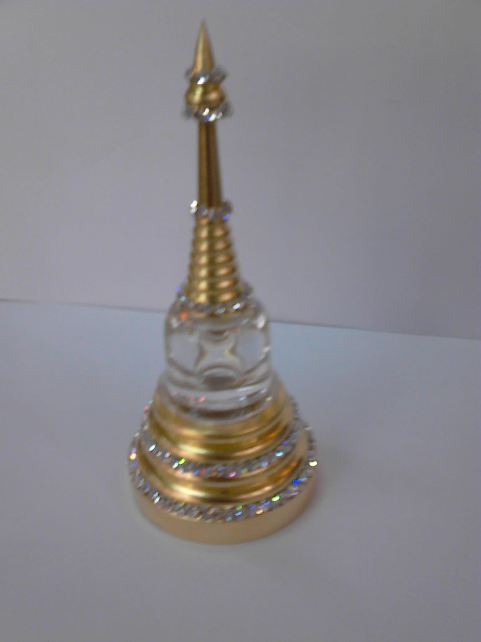 Exotic, Creative Clear Container or Pagoda Casket for Small Things, Golden Rim, Swarovski Crystal, Dia. 2" H.4.5"