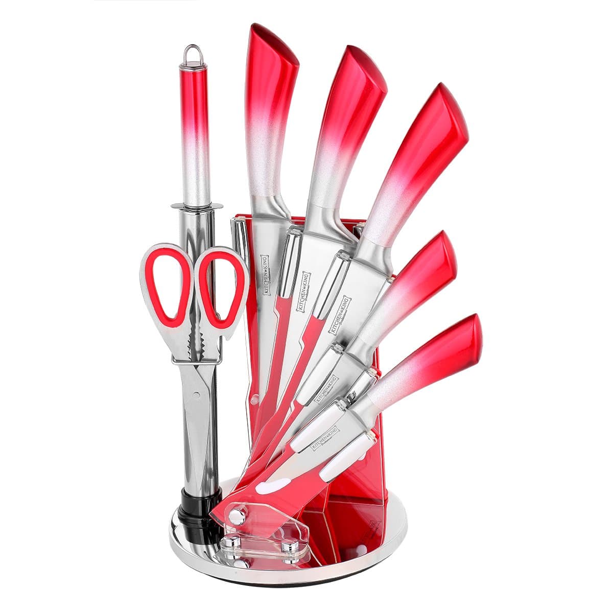 Knife Block Set with Scissors and Sharpener 8-Piece Stainless Steel Professional Kitchen Cutlery with acrylic Rotating Block Stand Dishwasher Safe Knives One Piece Knife Set (Red)