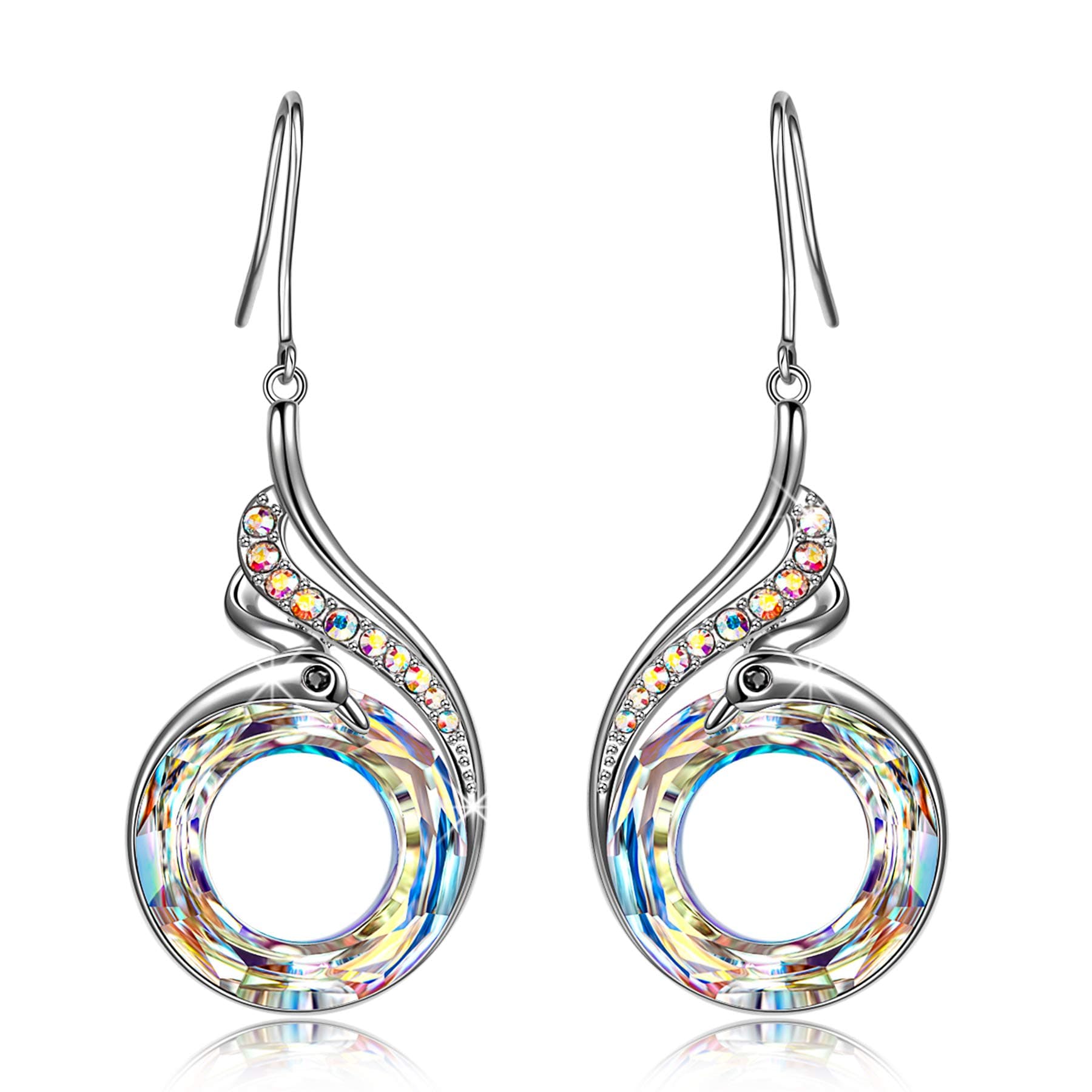 "Rise From the Ashes" Phoenix Earrings, Sterling Silver Dangle Earrings with Crystals from Austria, Birthday Gift with Jewelry Box, Symbol of Luck and Renewal