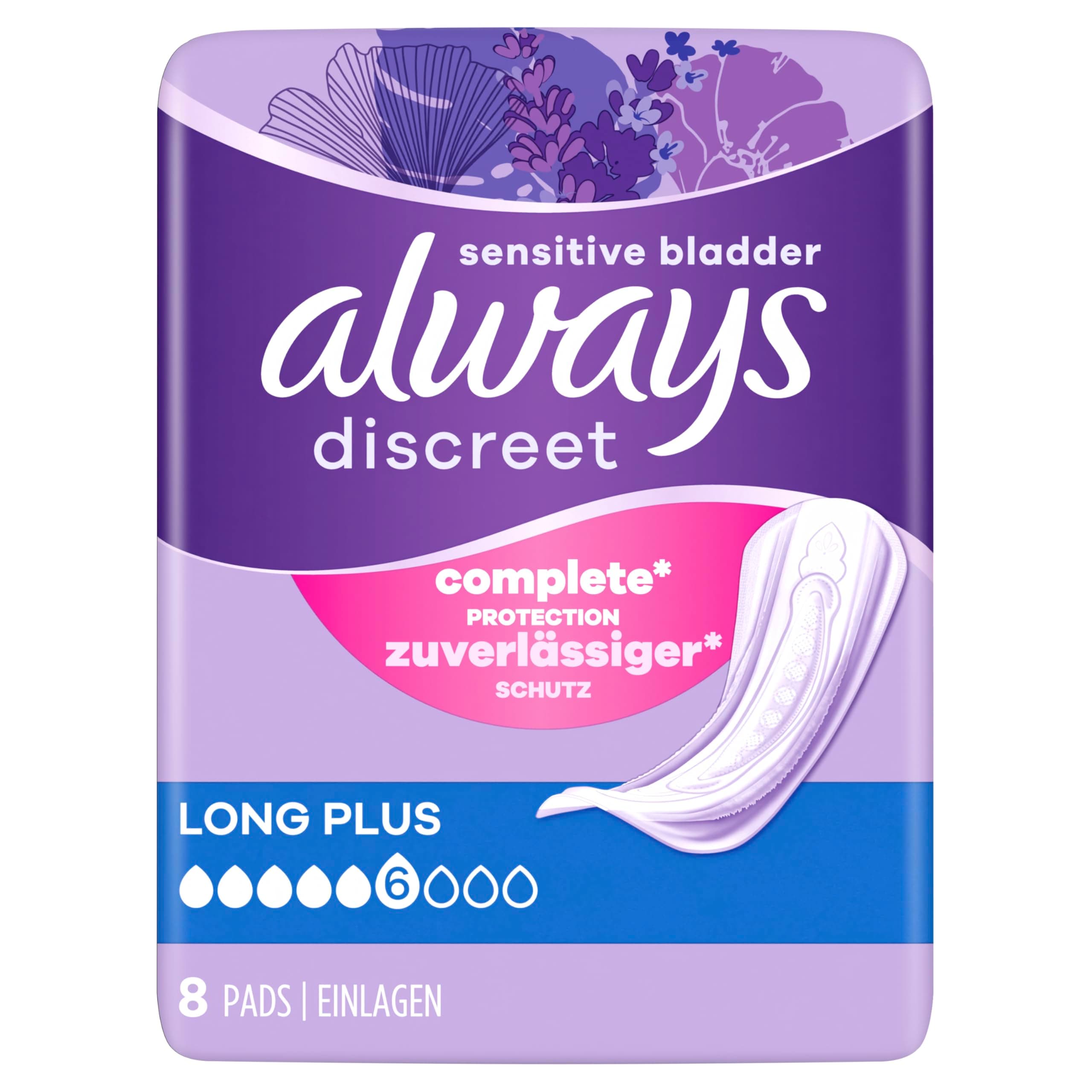 Always Discreet Long Plus Incontinence Pads 64 Pads (4 x 16 Pieces) Monthly Pack, Discreet Protection & High Absorbency, Odour-Neutralising (Packaging May Vary)