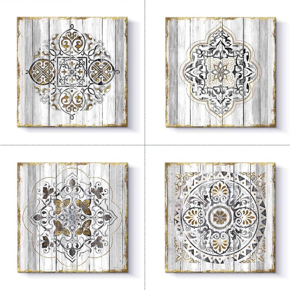 Kas Home Mandala Pattern Room Decor Boho Canvas Wall Art Prints Framed Pictures 4 Pieces Artwork for Living Room Bedroom Bathroom Kitchen Office Home Decoration (14 x 14 x 4, Black)
