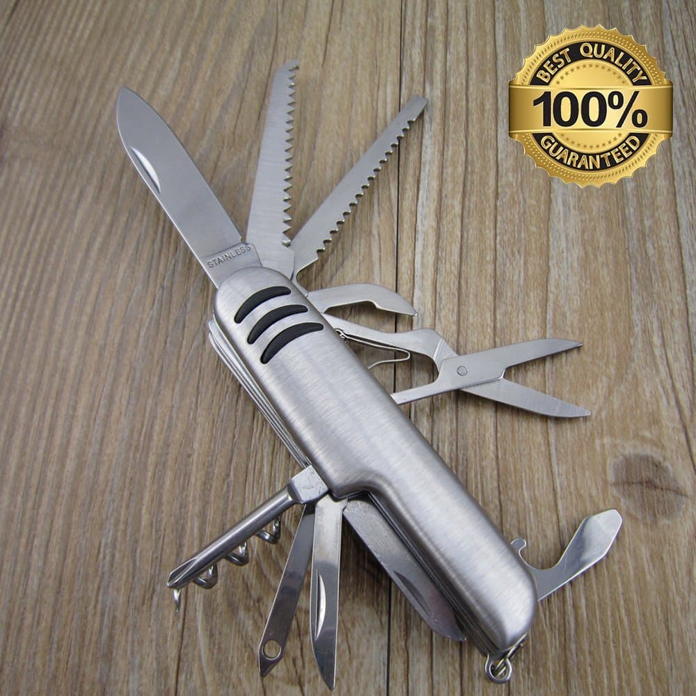 Multi Function 11 Features Stainless Steel Pocket Tools Chest Knife，Swiss Army Style Multi-Tool Can and Bottle Opener,Good for Camping, Hunting, Survival, Hiking and Outdoor Activities