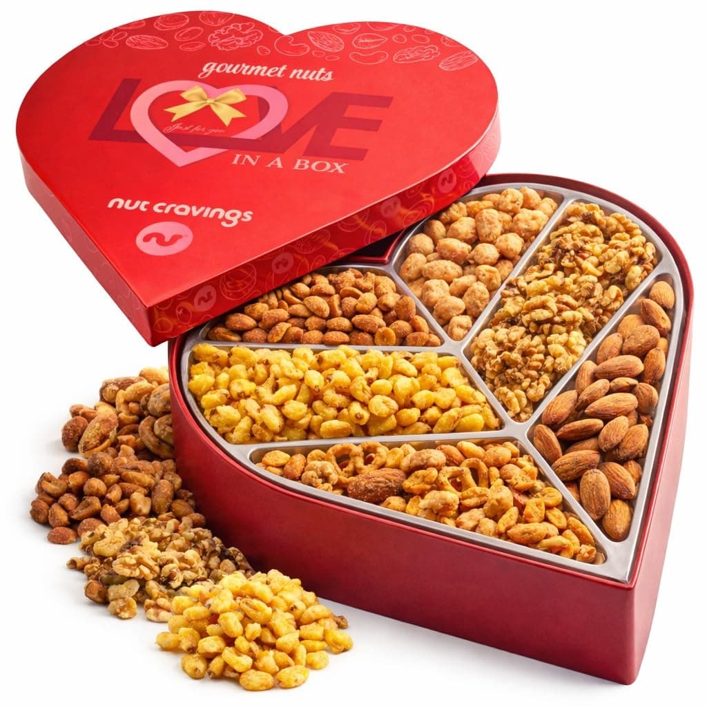 NUT CRAVINGS - Mothers Day Treats, Mixed Nuts Heart Shaped Gift Basket, Love in A Box (6 Assortments, 2 LB) Romantic Food Arrangement, Healthy Snack Care Package, Food Assortments