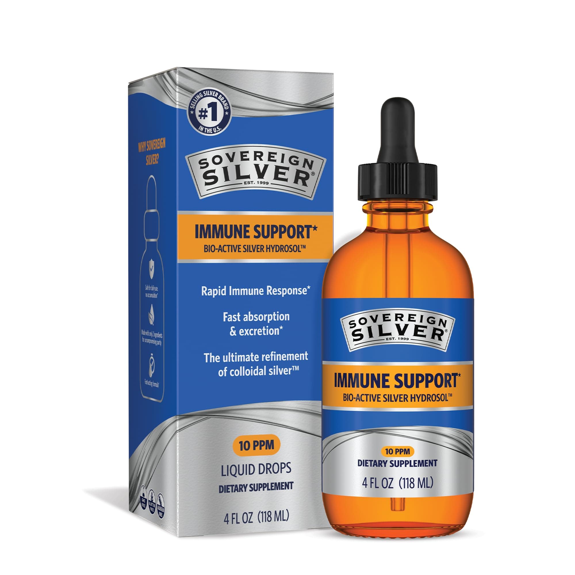 Sovereign Silver Immune Support - Colloidal Silver, Bio-Active Silver Hydrosol, 10 ppm, Liquid Dropper, 4 Fl Oz, (118 mL)