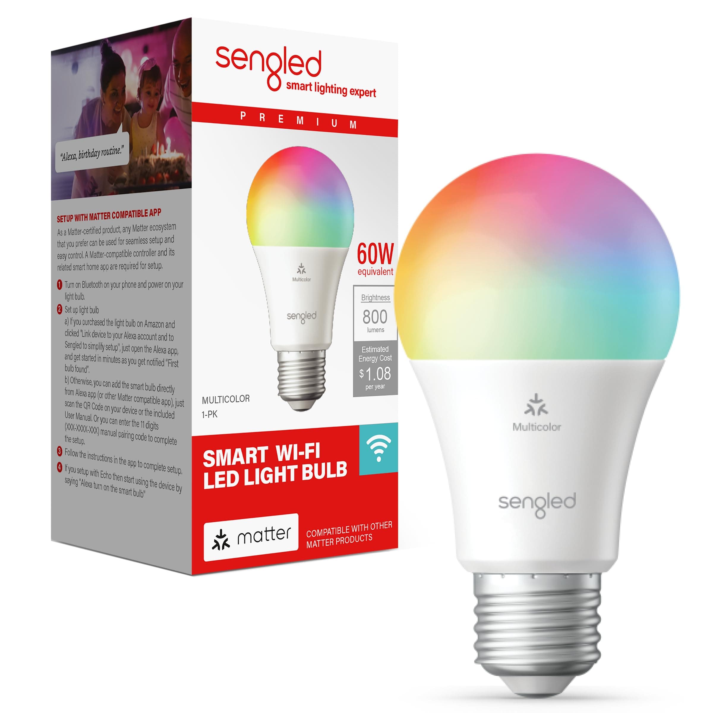 Sengled Matter LED Smart Light Bulb (A19), Multicolor, Compatible with Alexa, 60W Equivalent, 800LM, Instant Pairing, 1-Pack