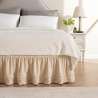 MIYE Wrap Around Ruffled Lace Bed Skirt, Elastic Dust Ruffle with Adjustable Belts, Easy to Put On, Bed Frame Cover, Machine Washable (Embroidered/Beige, King/Queen-12.5" Drop)