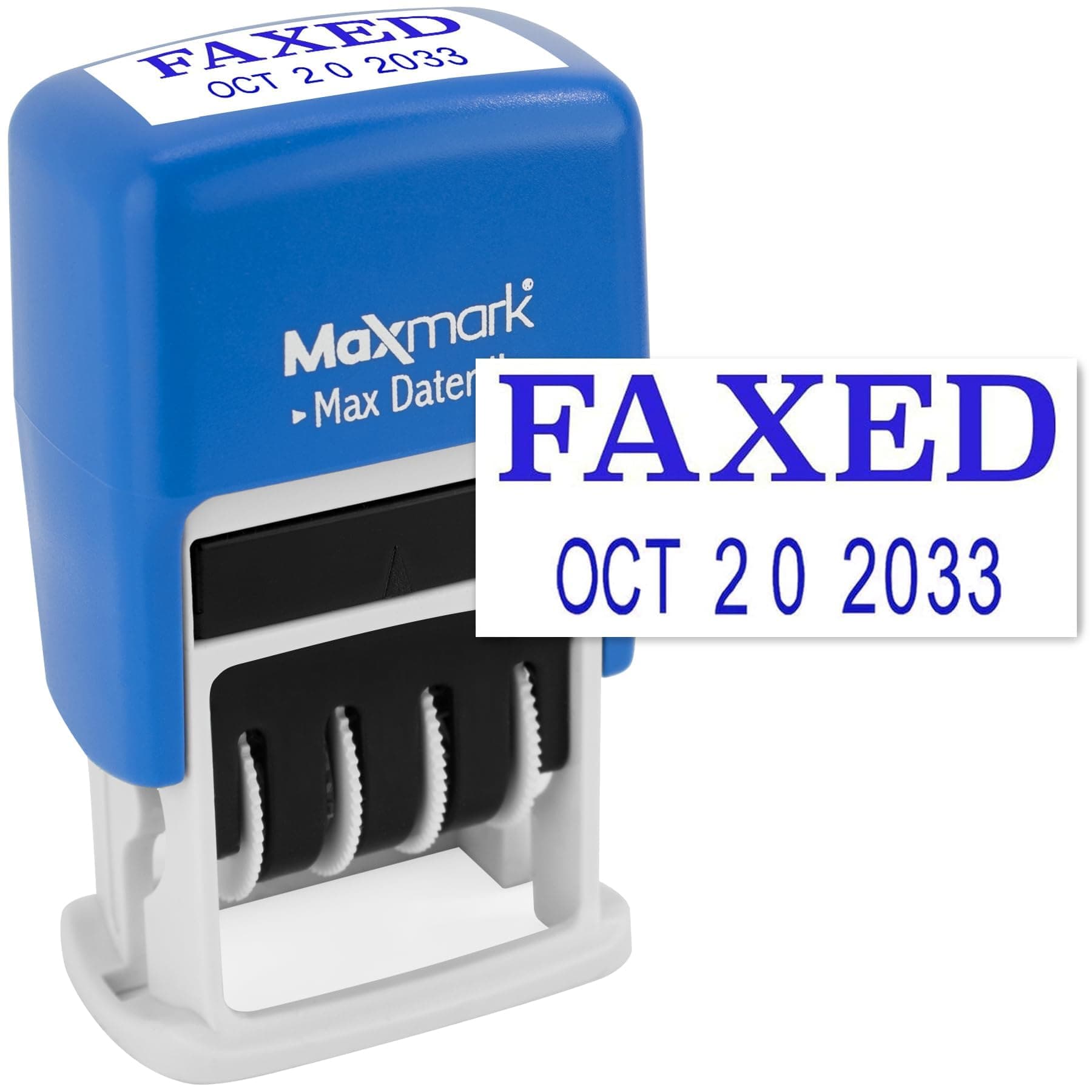 MaxMark Self-Inking Rubber Date Office Stamp with FAXED Phrase & Date - Blue Ink (Max Dater II), 12-Year Band