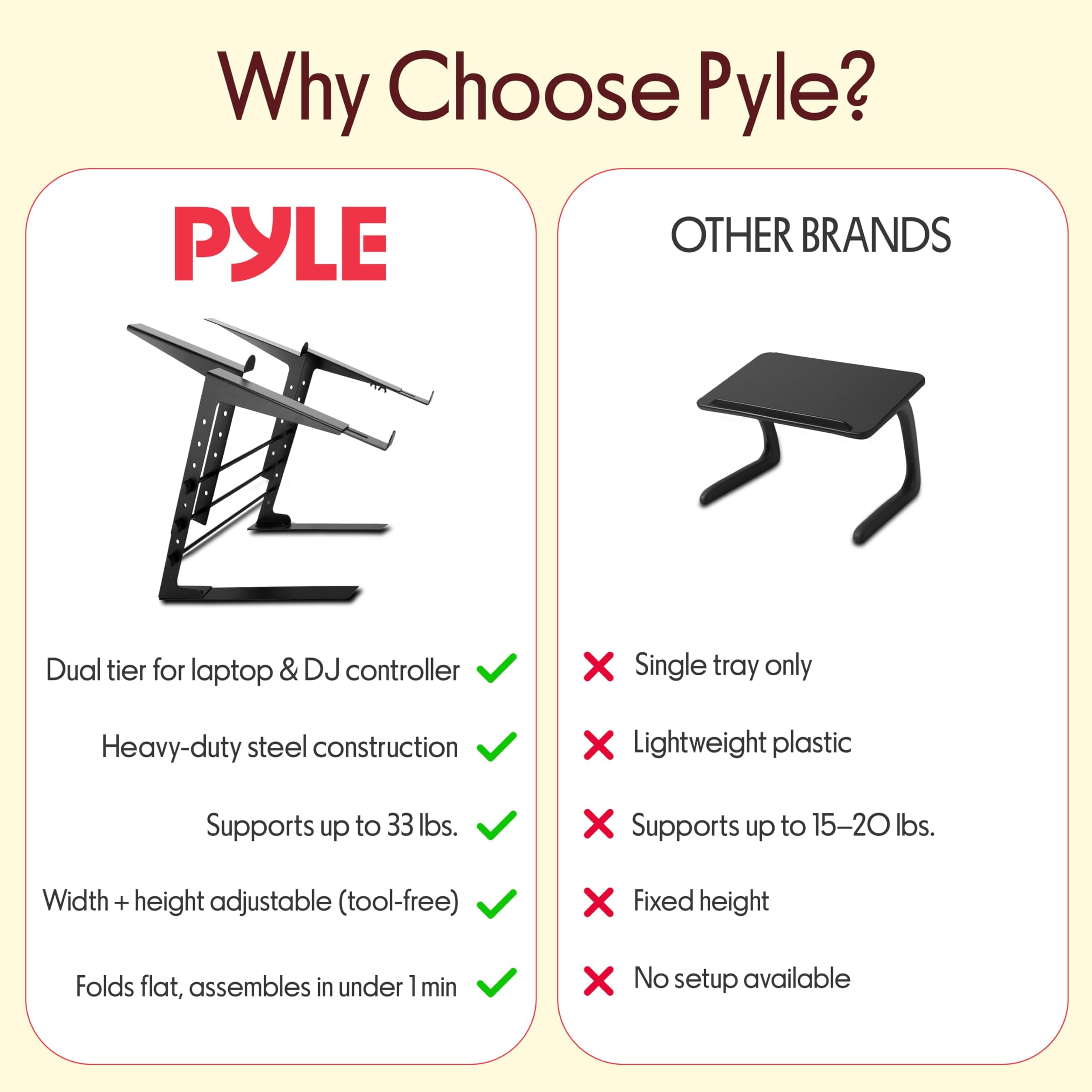 Pyle Laptop Stand, Portable, Adjustable Height, Portable Computer Stand, Standing Table, Design & DJ Mixer, Audio Equipment, Workstation, Max Load Capacity 15kg 36 x 67 x 34 cm Anti-Slip, Black Stand