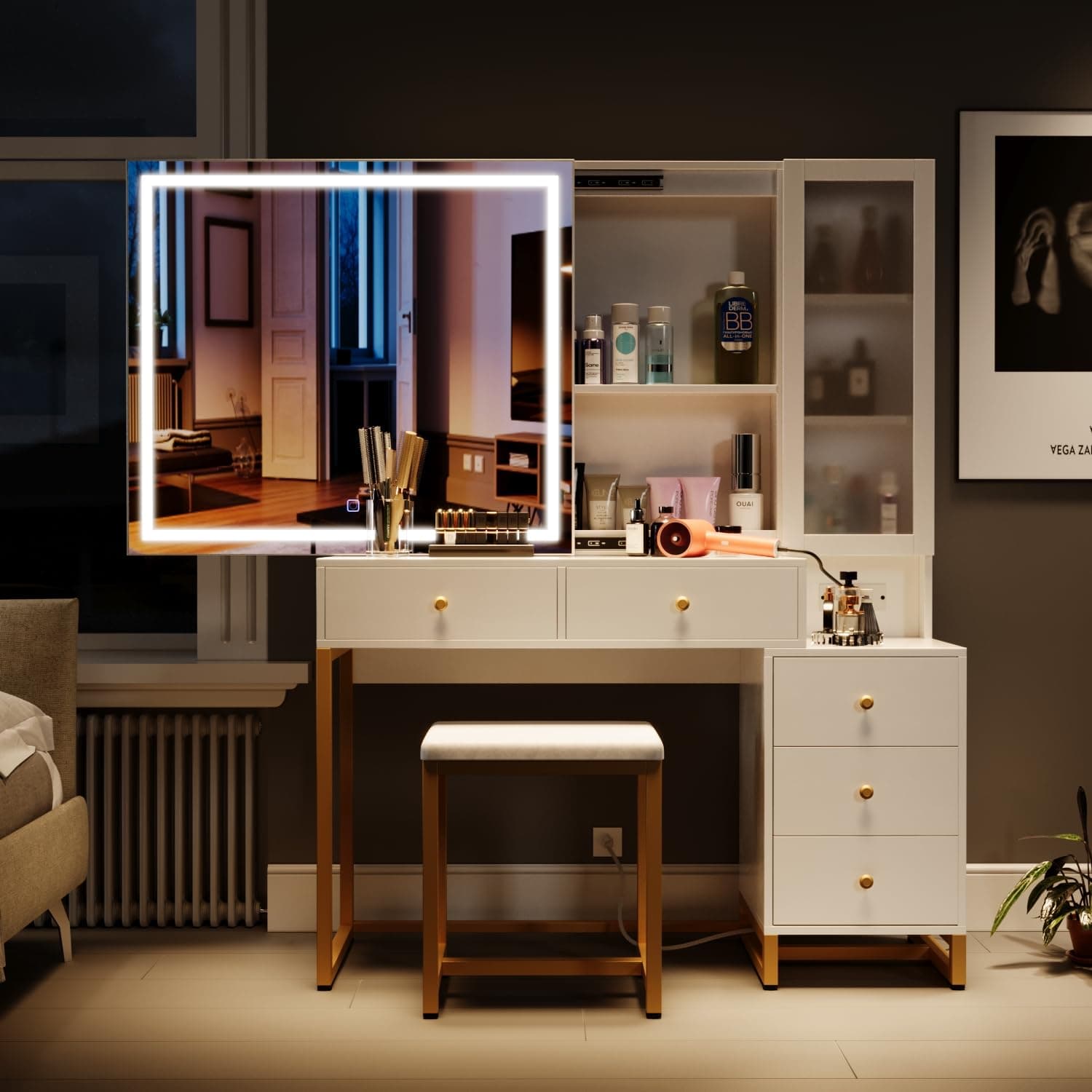 Wildhome Vanity Set with Lighted Mirror and Charging Station, Extra Large Mir...