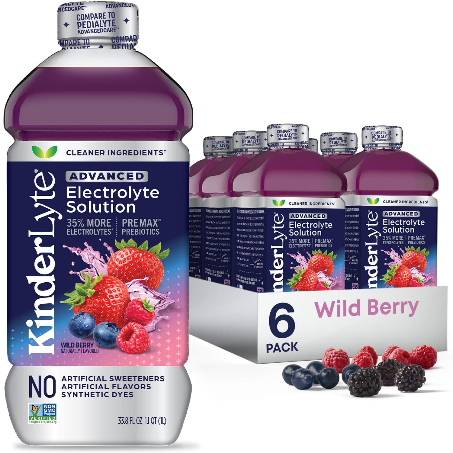 Kinderlyte Advanced Electrolyte Solution, 2X Faster Hydration vs. Water Alone, No Artificial Sweeteners or Flavors, No Synthetic Dyes, Raspberry Lemonade, for Kids and Adults, 33.8 fl oz (Pack of 6)