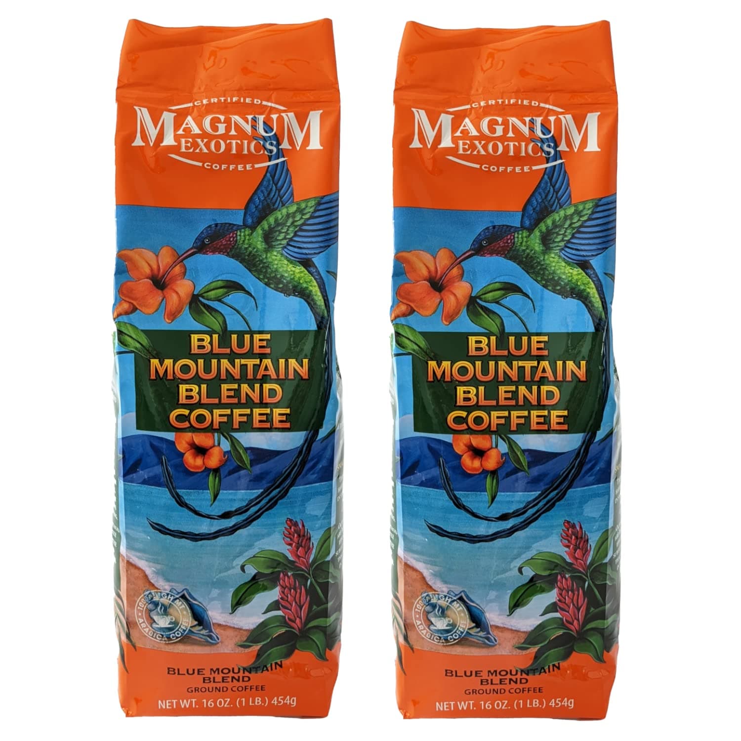 Magnum Exotics Coffee, Blue Mountain Ground Coffee Blend - Light-Medium Roast, Made from 100% Arabica Beans, Rich & Smooth Flavor, Fresh Roast - 1 Lb Bag (Pack of 2)