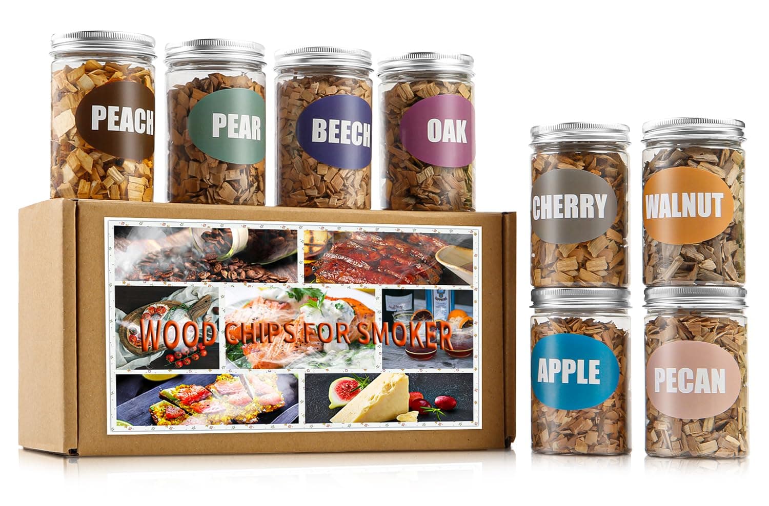 Natural Wood Chips for Smoker, (8 Gift Pack - Apple, Cherry, Oak, Pecan, Pear, Peach, Walnut, Beech) 8 OZ Each| Smoker Woodchips for Smoking Gun and BBQ, Great for Beef Pork Chicken Fish and Whisky