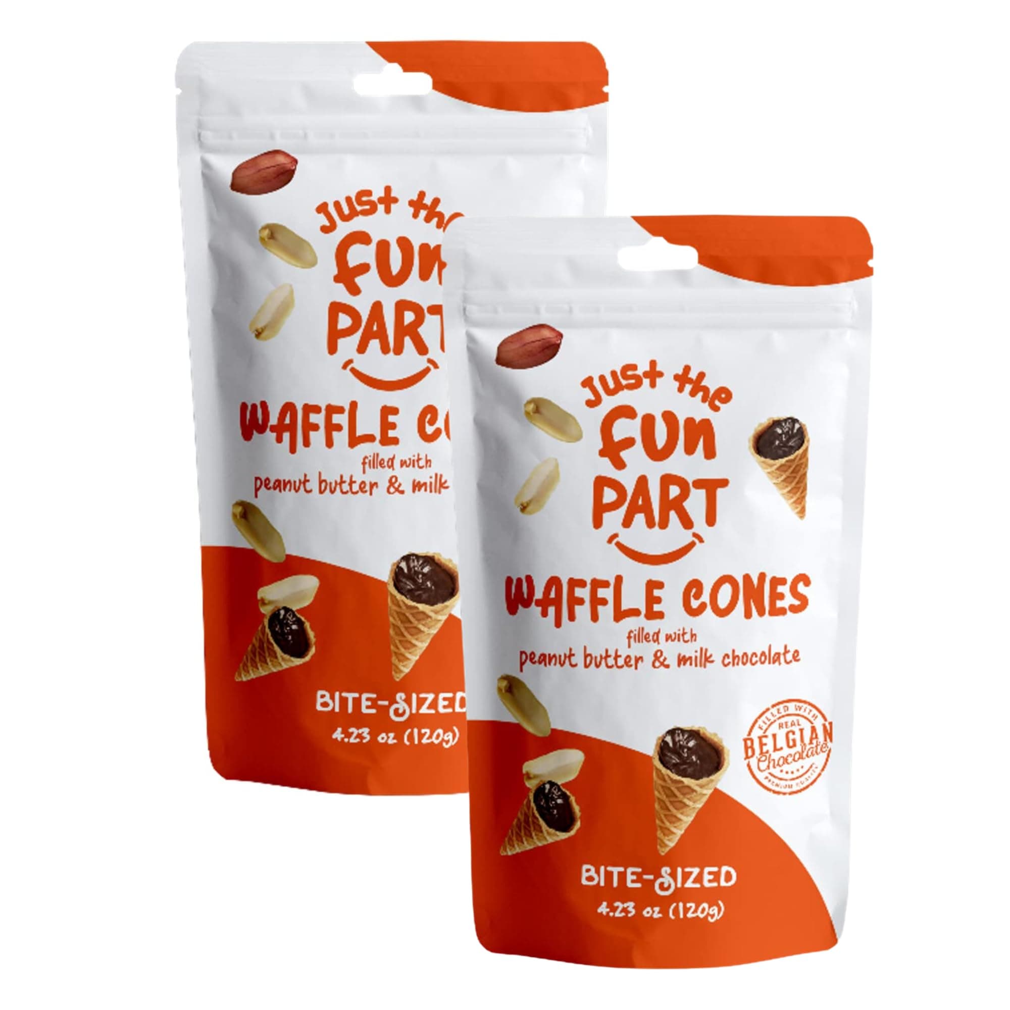 Just The Fun Part | Bite-Size Crispy Mini Waffle Cones | Filled With Premium Belgian Chocolate | Great For Snacks, Desserts, Grab & Go | Kosher | 4.23 Ounce (Pack of 2, Peanut Butter, Milk Chocolate)