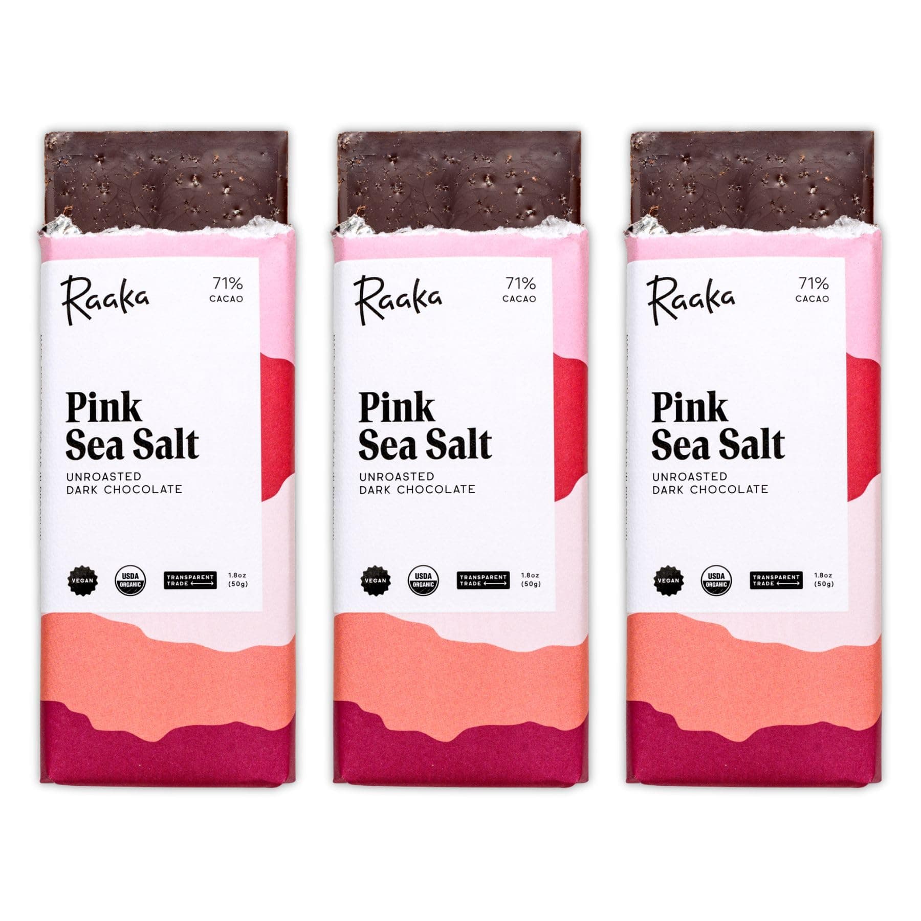 Pink Sea Salt Organic Dark Chocolate - 71% Cacao - Gourmet Dark Chocolate Gift Box - Organic, Vegan, Gluten Free, Kosher | 1.8oz Bars, 3-Pack