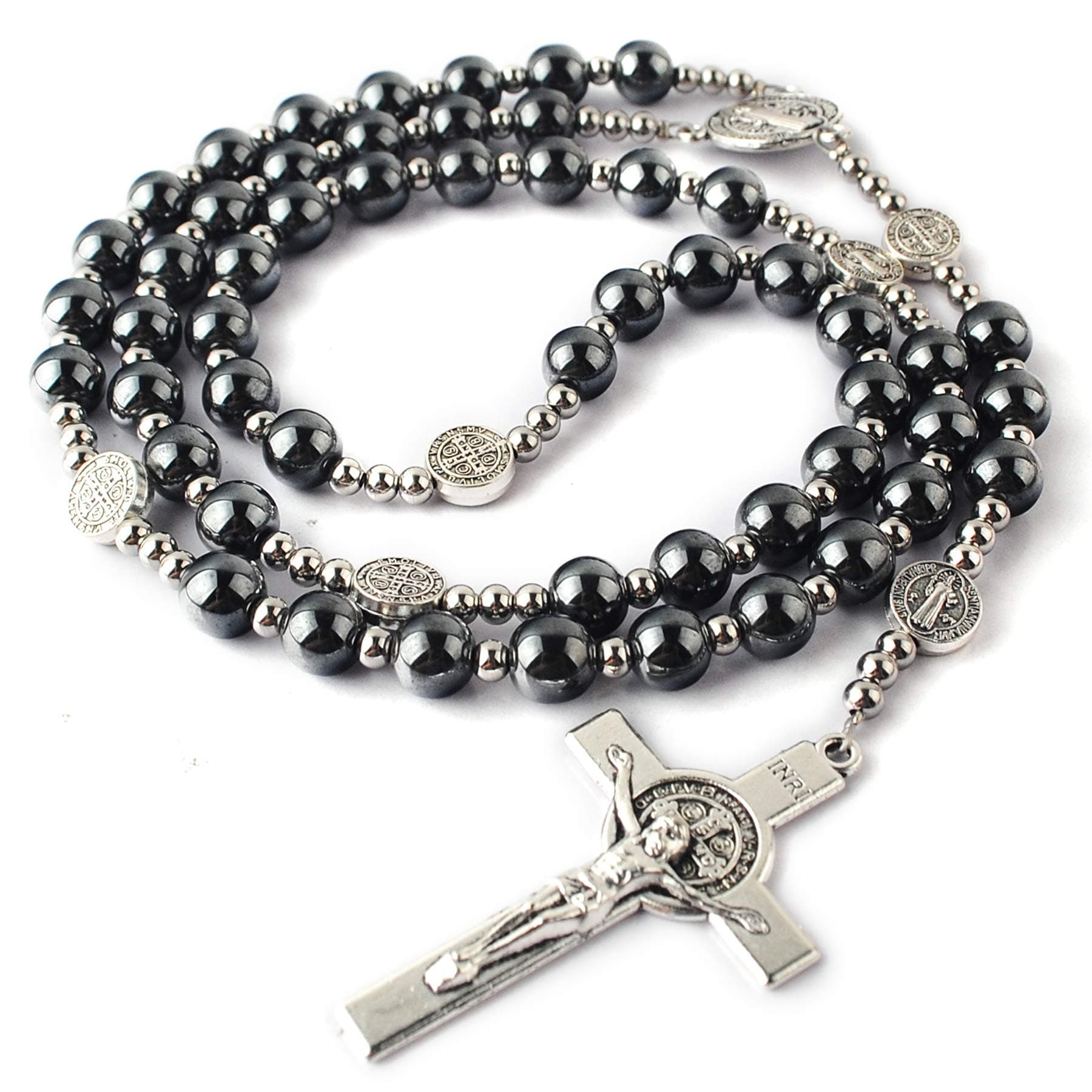 Hematite Rosary Necklace for Men and Women, Black Stone and Stainless Steel Beads, 48cm Length