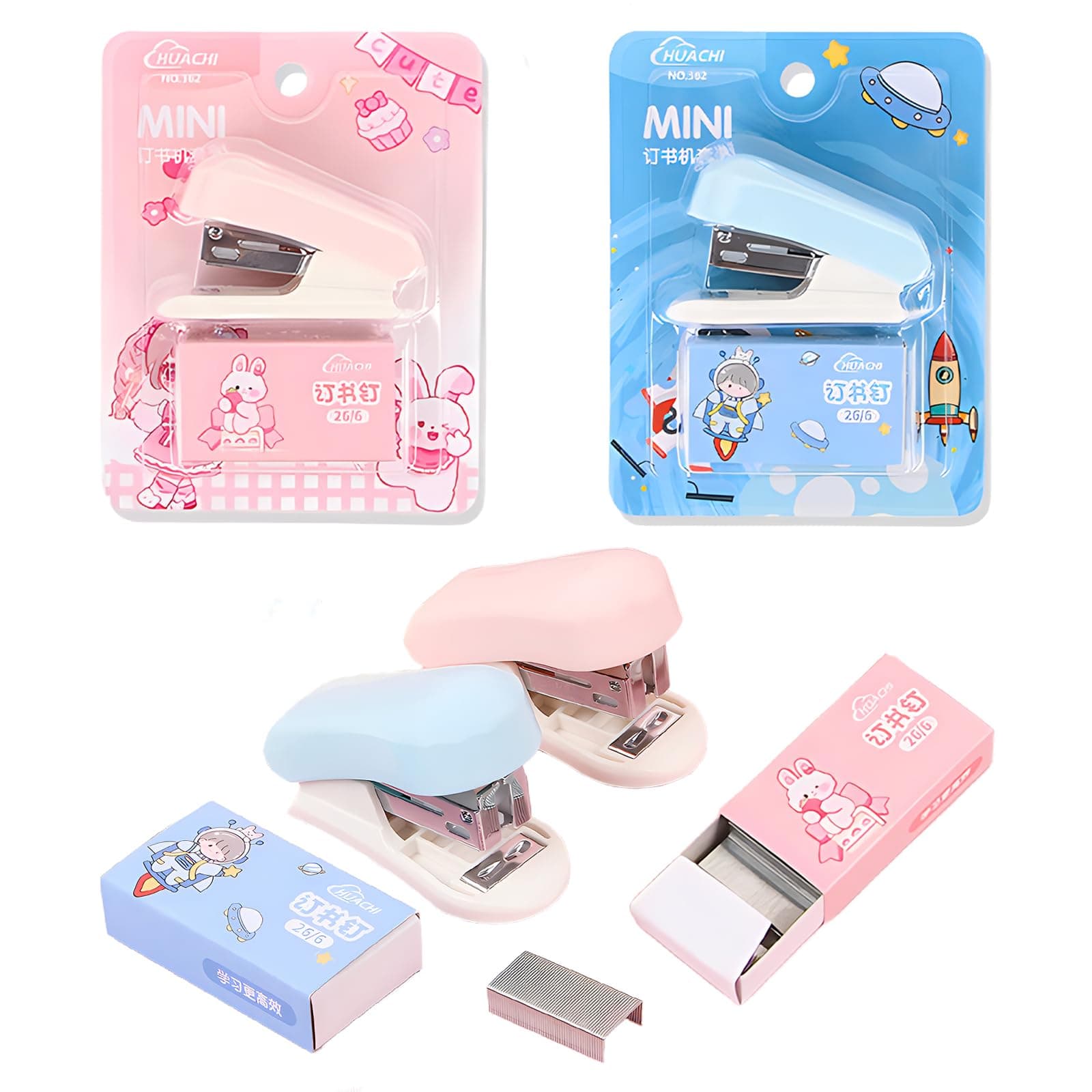 2 Sets Mini Easy Desktop Stapler, 24/6 Standard Staples, Built-in Stapler Remover for Students and Office, Black and White (Pink and Blue)