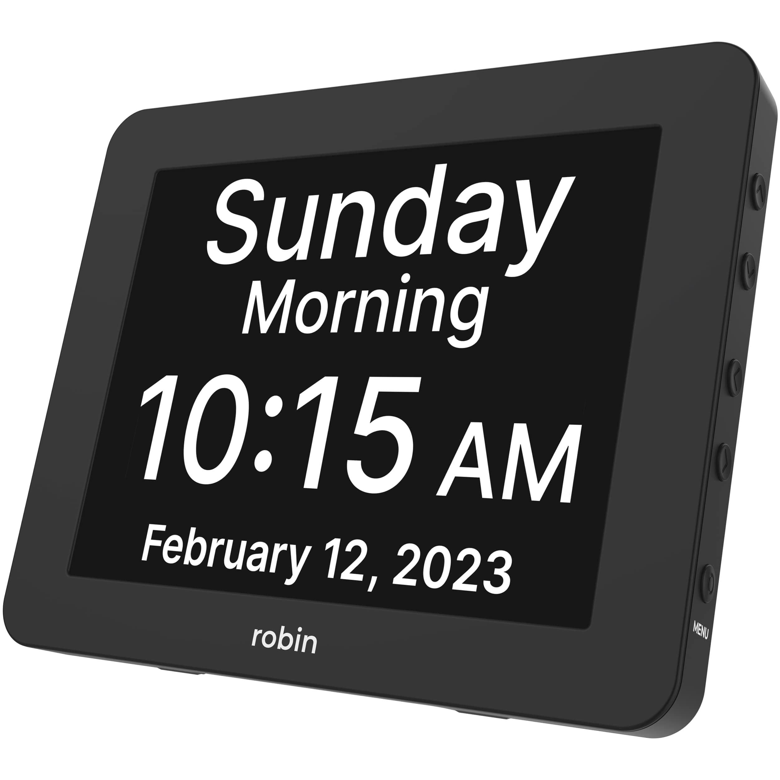 Robin, 2020 Version, Digital Day Clock 2.0 with Custom Alarms and Calendar Reminders, Alarm Clock with Extra Large Display helps with Memory Loss, Alzheimer's and Dementia, Black
