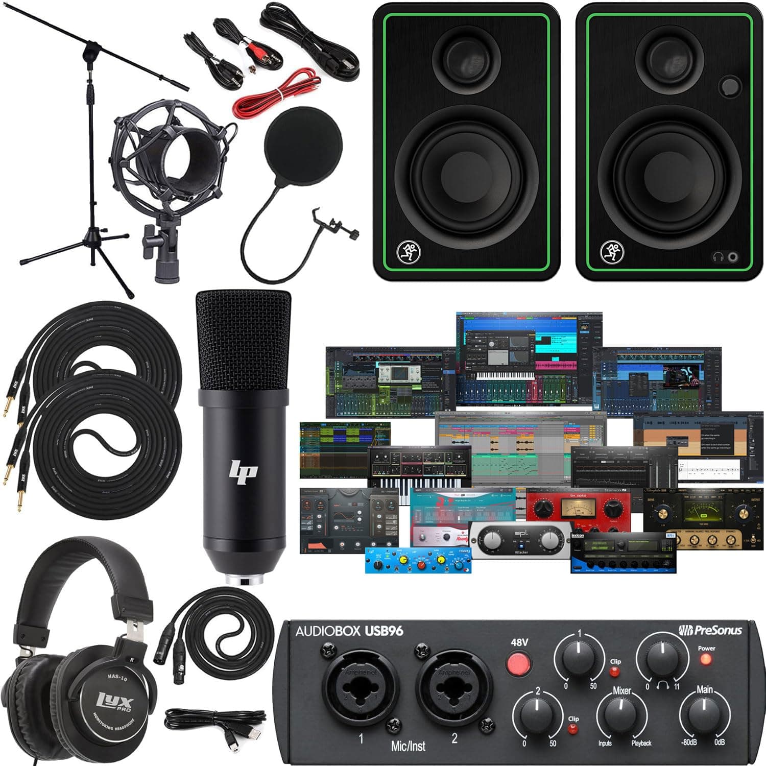 AudioBox 96 Studio Bundle – USB-C 2-in/2-out Audio/MIDI Interface with 24-bit/96 kHz Conversion + Studio One Artist Software + Mackie CR3-XBT Bluetooth Studio Monitors + Recording Accessories