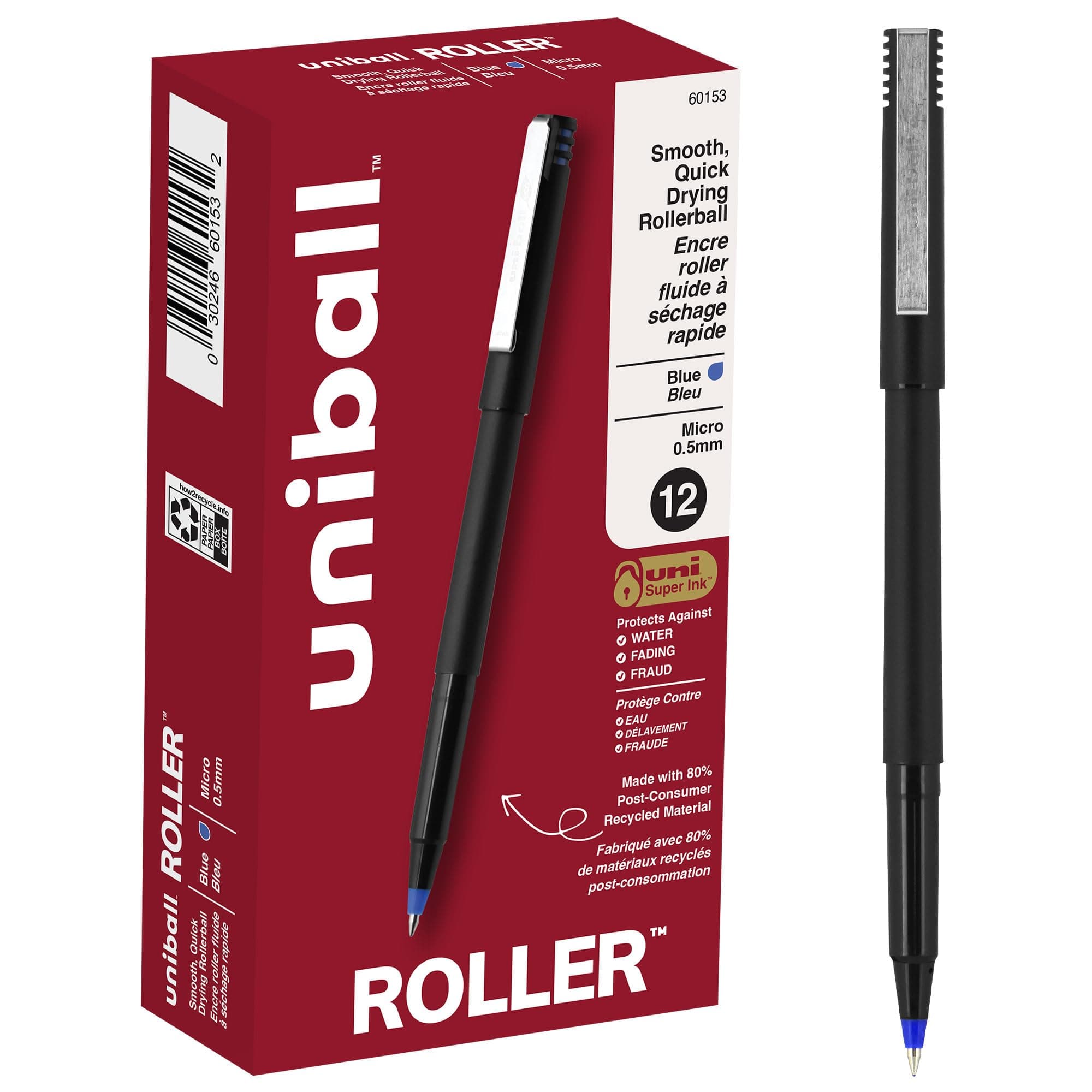 Roller Ball Stick Dye-Based Pen, Blue Ink, Micro, Dozen