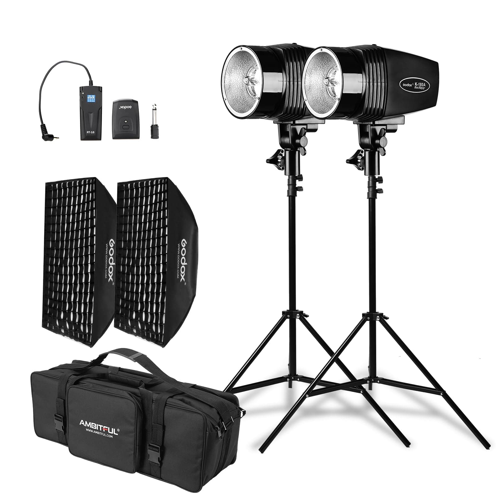 Godox 2X K-180A Strobe Light Kit, 180Ws Studio Strobe Light Kit for Photography,5600K Compact Monolights with RT-16 Trigger, Softbox, Tripod Stands, Storage Bag