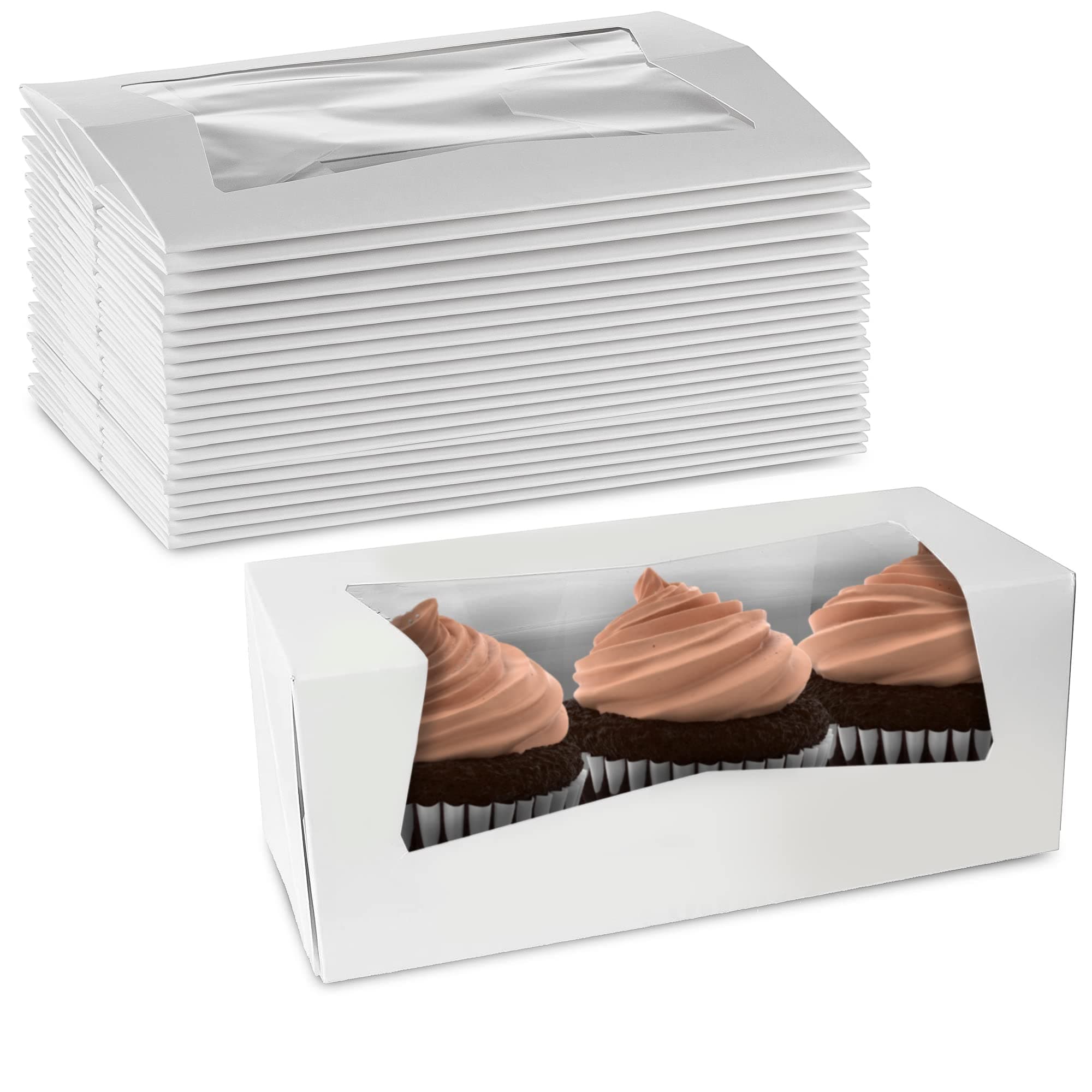 MT Products 9" x 4" x 3.5" White Auto-Popup Bakery Boxes with Window - 25 Pack - Long Pastry Container for Cupcakes, Strawberries, Donuts & Swiss Rolls - Made in the USA