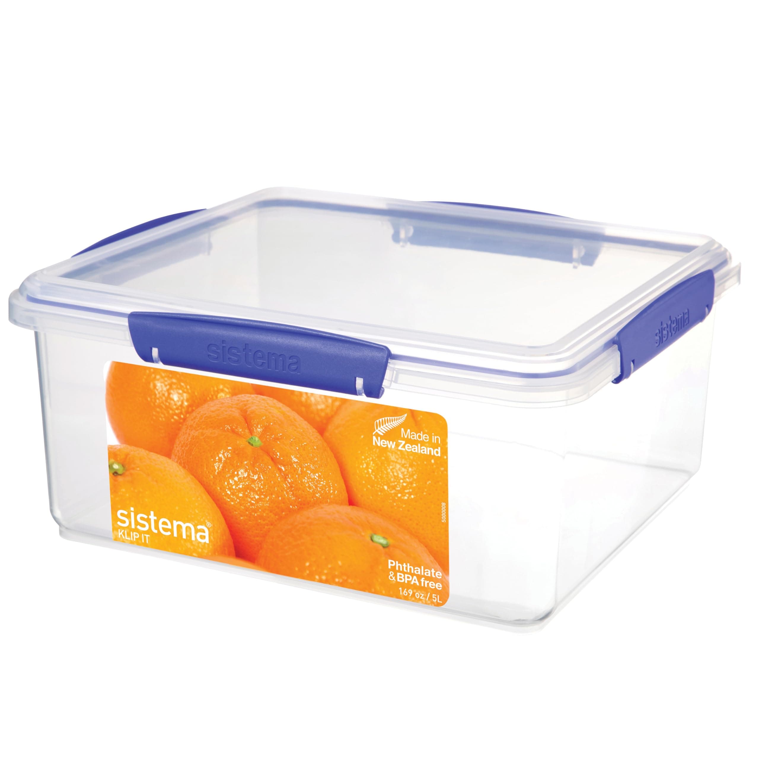 KLIP IT Food Storage Container, 5 L, Airtight & Stackable, BPA-Free, Clear with Blue Clips
