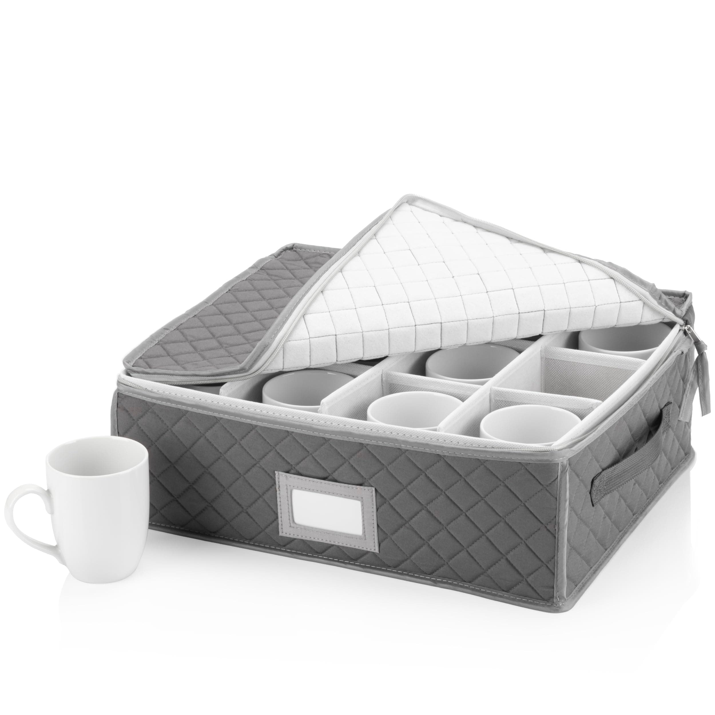 Stack Store Plus More China Cup Storage Chest - Quilted Fabric Container in Gray Measuring 16" x 13" x 6"H - Perfect Storage Case for Coffee Cups - Tea Cups - Mugs