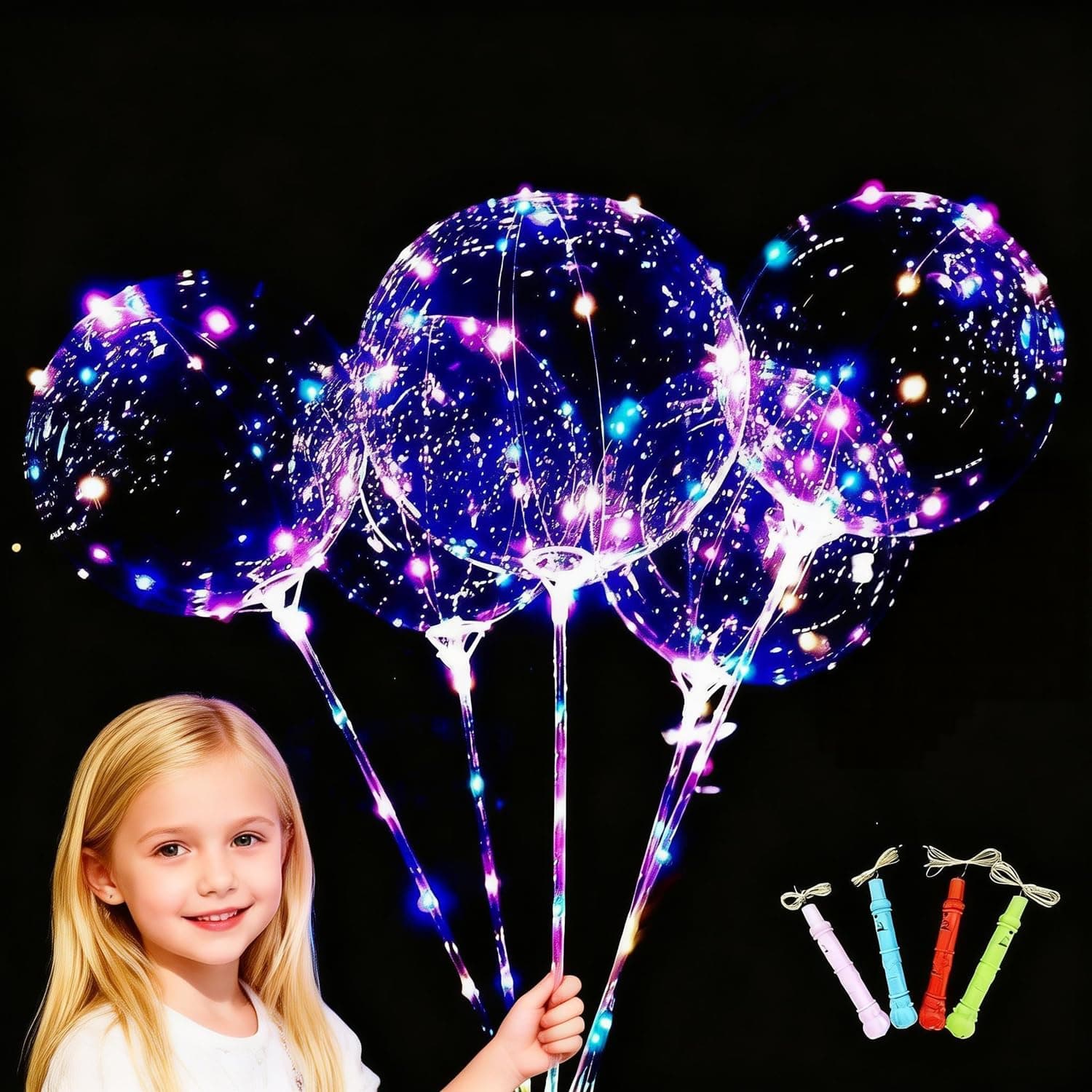 LED Light Up Bobo Balloons with Sticks,10 Packs Flashing Handles,20 Inches Bubble Bobo Balloons,70 cm Sticks,Christmas Birthday Party Decoration
