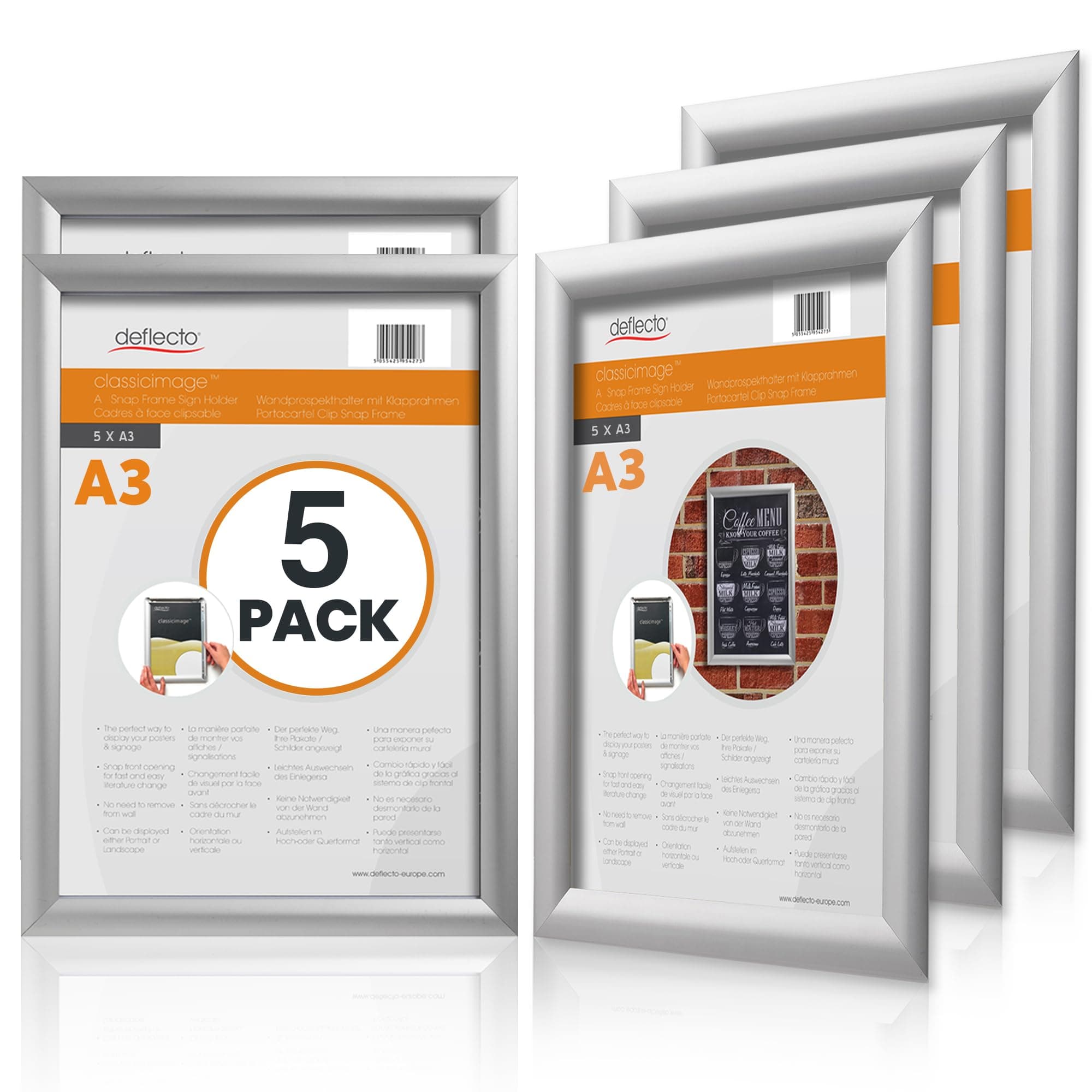 Deflecto Pk 5 x A3 Snap Frame Silver - Aluminium Clip Frames - Wall Mount Picture Frames - Posters Display Holder - Front Opening Picture Frame Clips