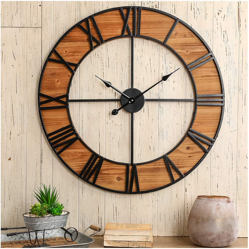 Glitzhome 30” Oversized Farmhouse Wall Clock Decorative Wall Clock with Large Roman Numerals Battery Operated Vintage Clock for Home Office Kitchen Classroom, Black Metal Frame, Wood Plank