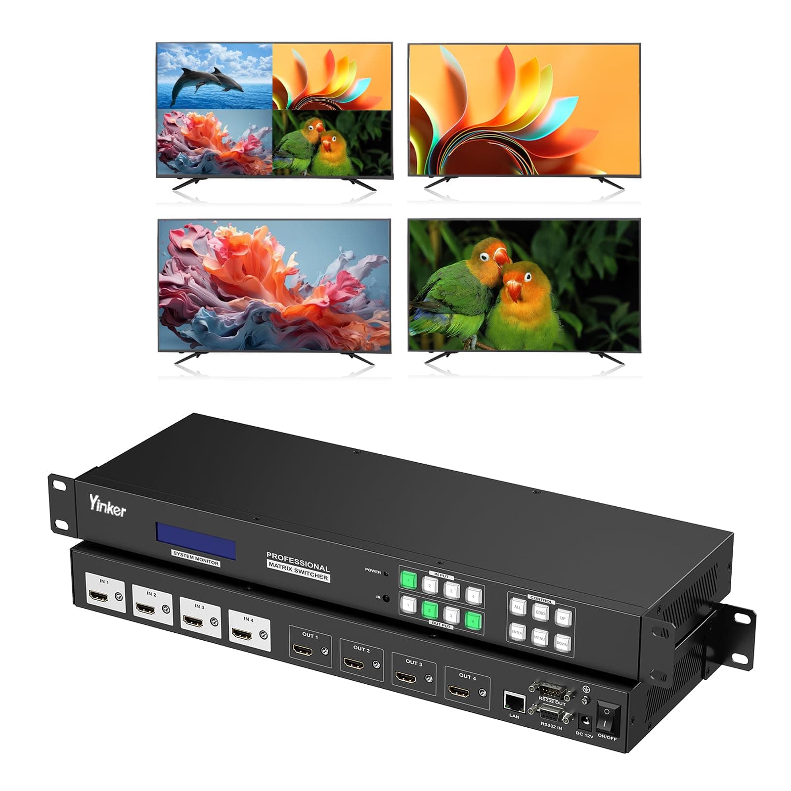 4K 2x2 HDMI Video Wall Controller, 4K@30Hz HDMI Matrix 4 in 4 Out, with 4x1 PIP Multiviewer, Support 3.5mm Audio, 90°,180°,270° Rotation & Web GUI & APP Control, Multiple Splicing Modes