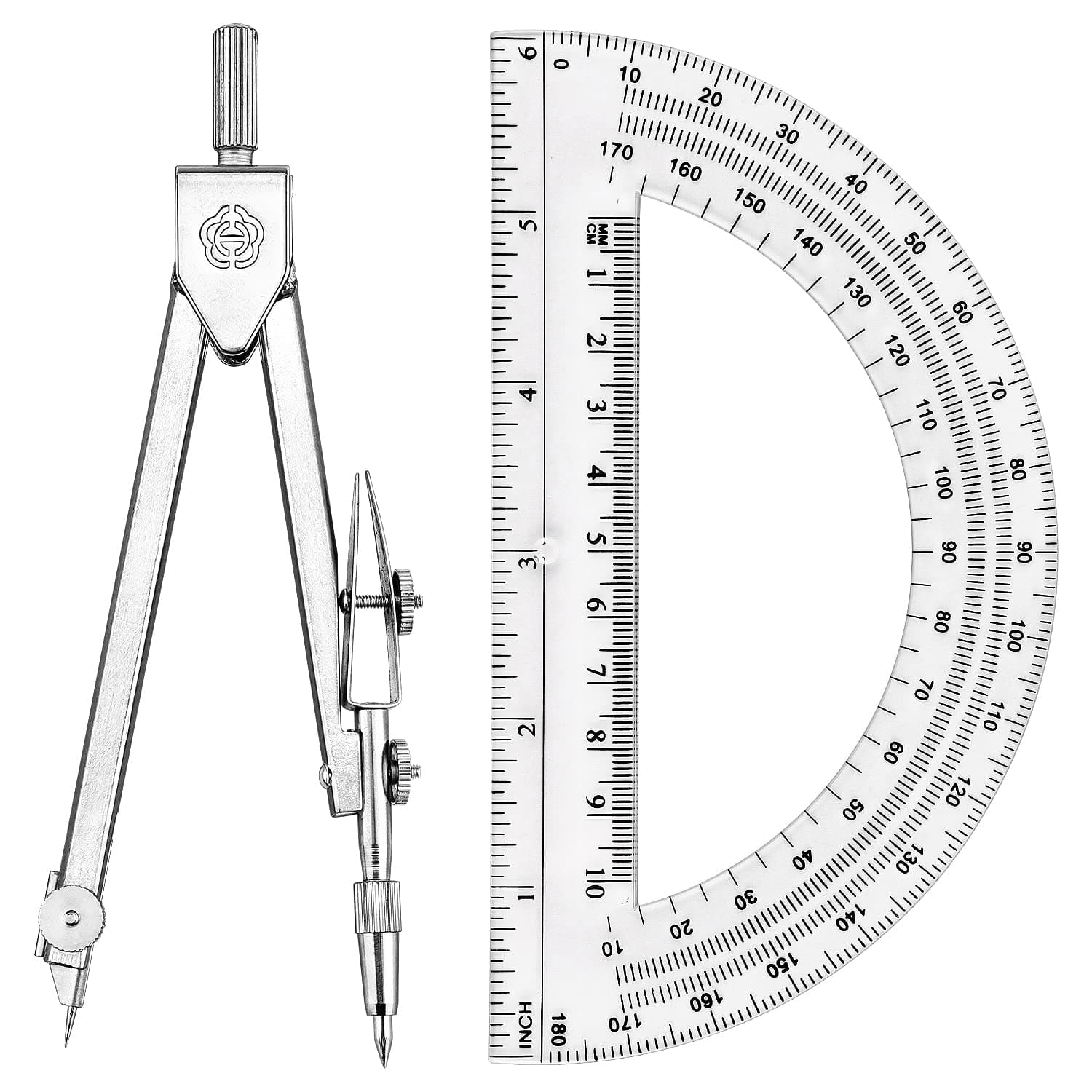 Student Geometry Math Set Drawing Compass and 6 Inch Plastic Clear Swing Arm Protractors 180 Degree Math Protractor