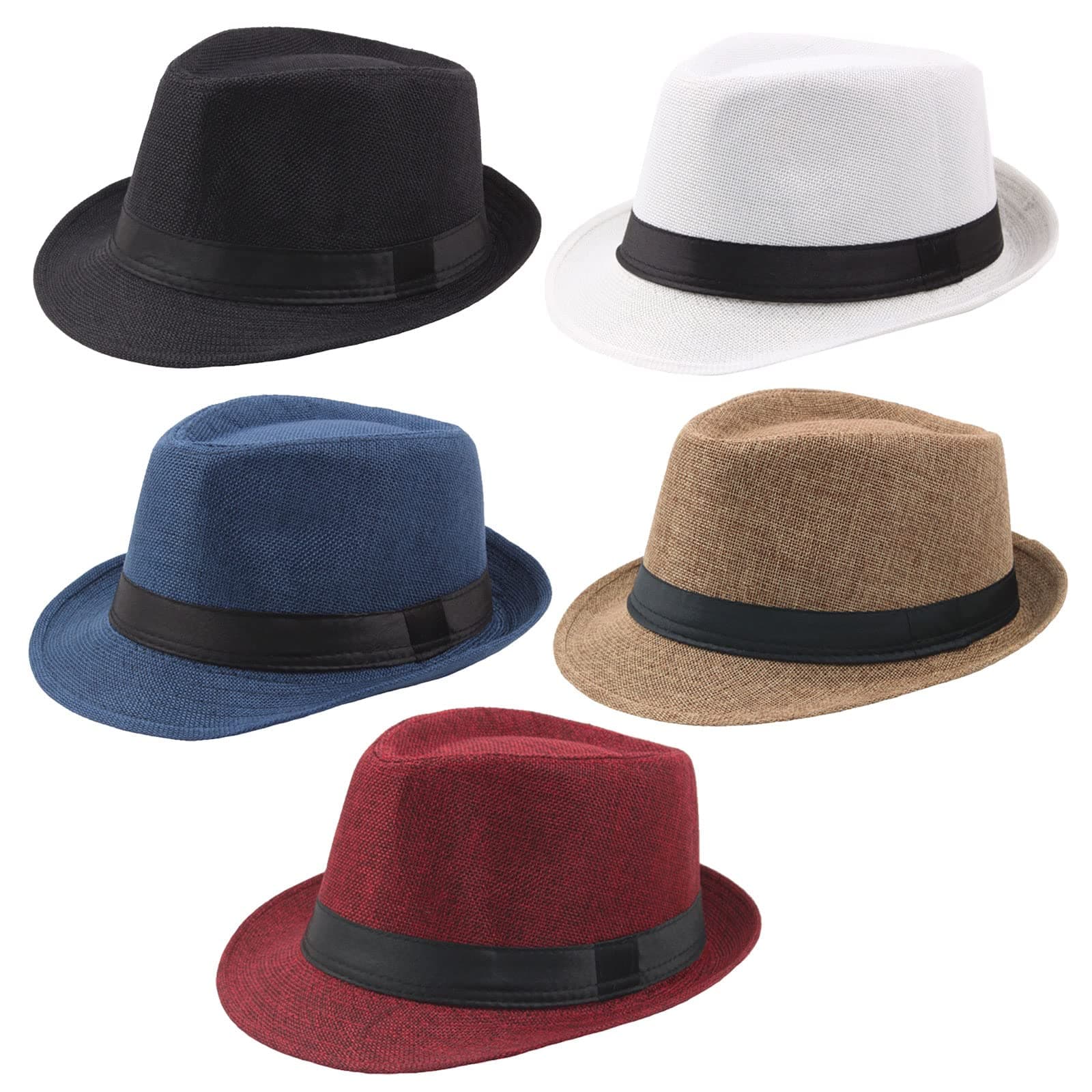 5 Pack Short Brim Fedora Classic Summer Beach Sun Hat Panama Cap for Men Women