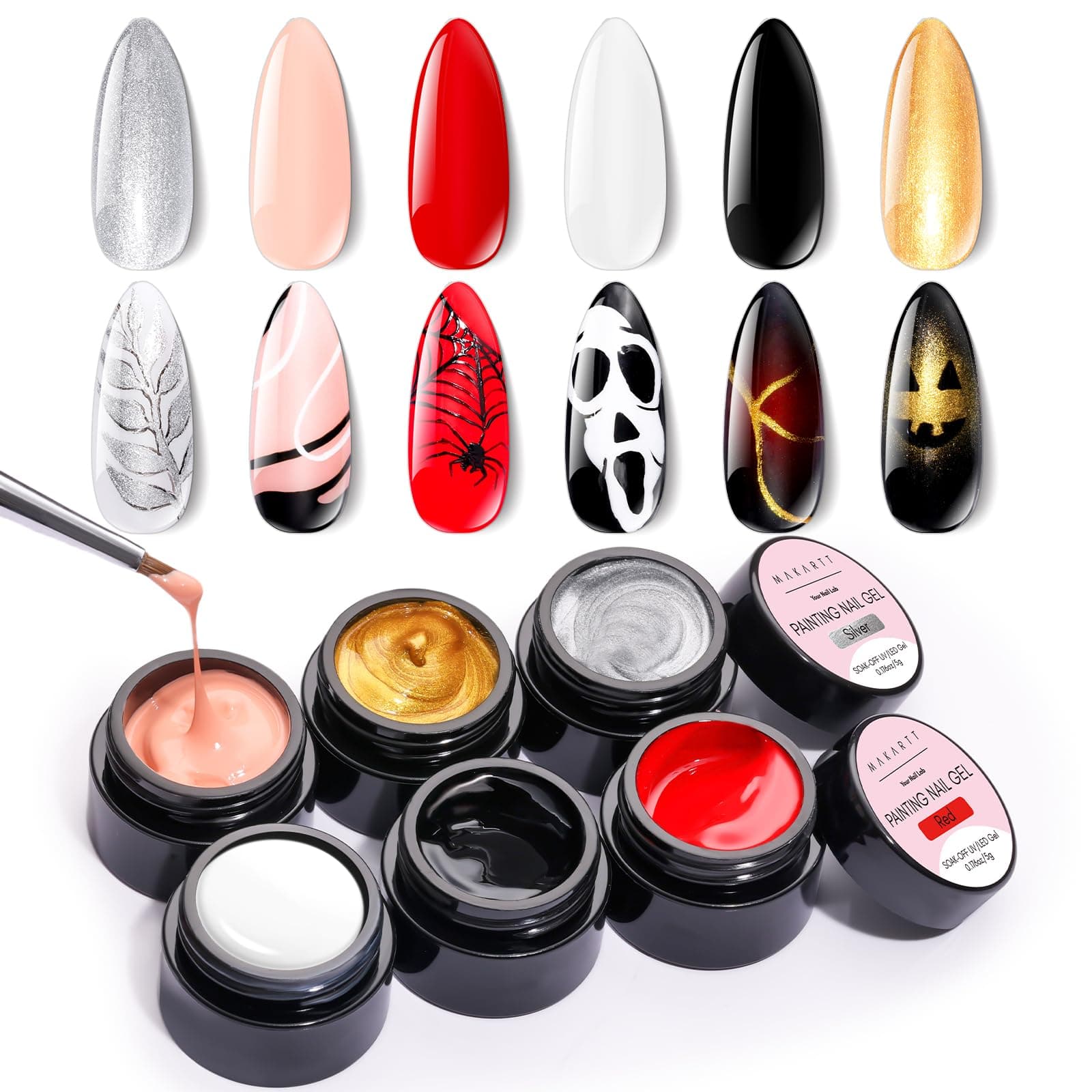 Makartt Gel Paint for Nail Art Set: 6 Colors No Wipe Solid Gel Polish for DIY Design at Home, Soak Off UV LED Manicure, Silver White Black Red Gold Nude