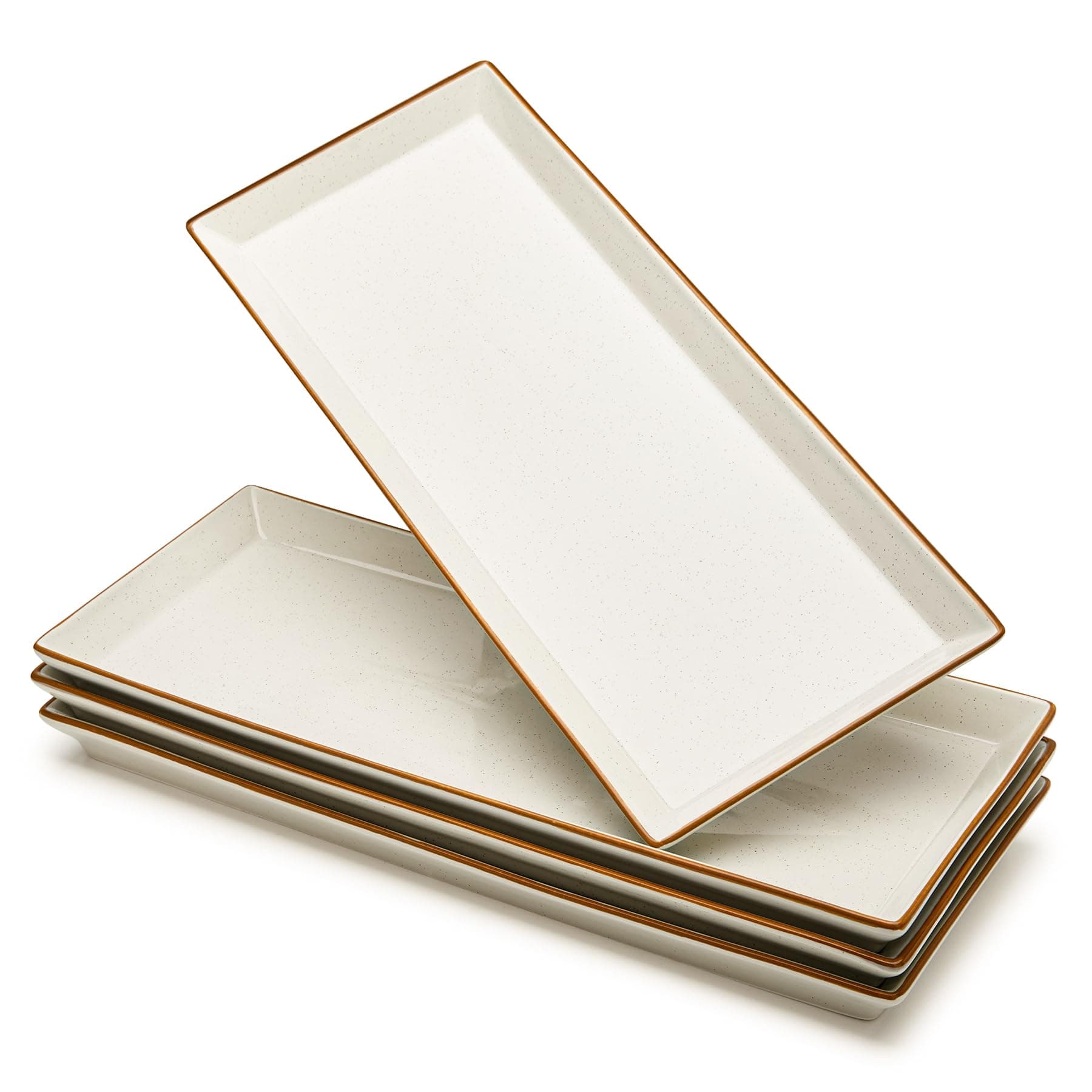 Sweese Rectangular Porcelain Platters, Vanilla White with Brown Trim, Serving Trays for Parties, 13.8 Inch Large Serving Dishes for Steak, Taco, Sushi, Appetizer - Dishwasher & Oven Safe - Set of 4