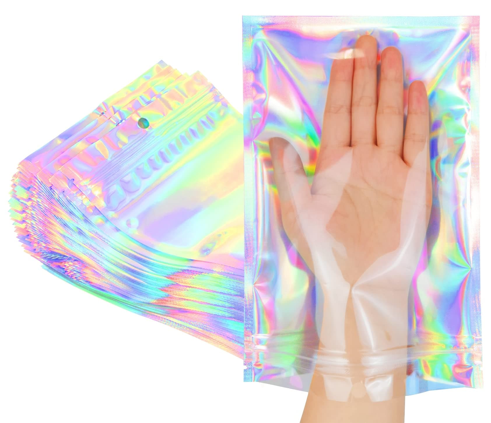 Smell Proof Bags & Resealable Foil Pouch Sample Bag [100 PCS ] Great for Party Favor Food Storage (Holographic Color) (6x9 Inch)