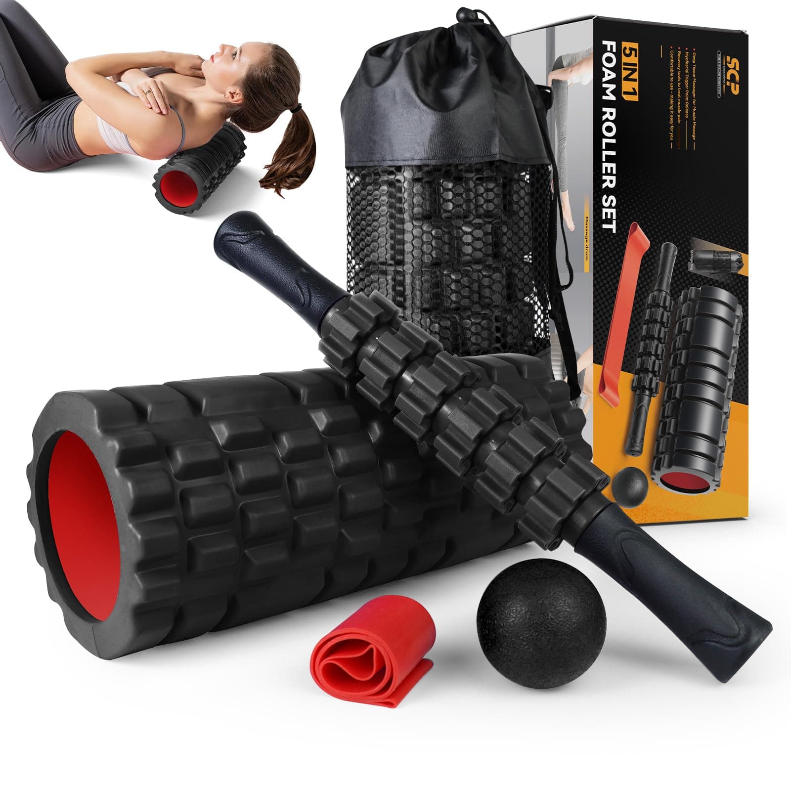 5 in1 Foam Roller Set, Trigger Point Foam Roller, Massage Roller Stick, Massage Ball, Resistance Band for Deep Muscle Massage Pilates Yoga,Fitness Exercise for Whole Body (Black-Red)