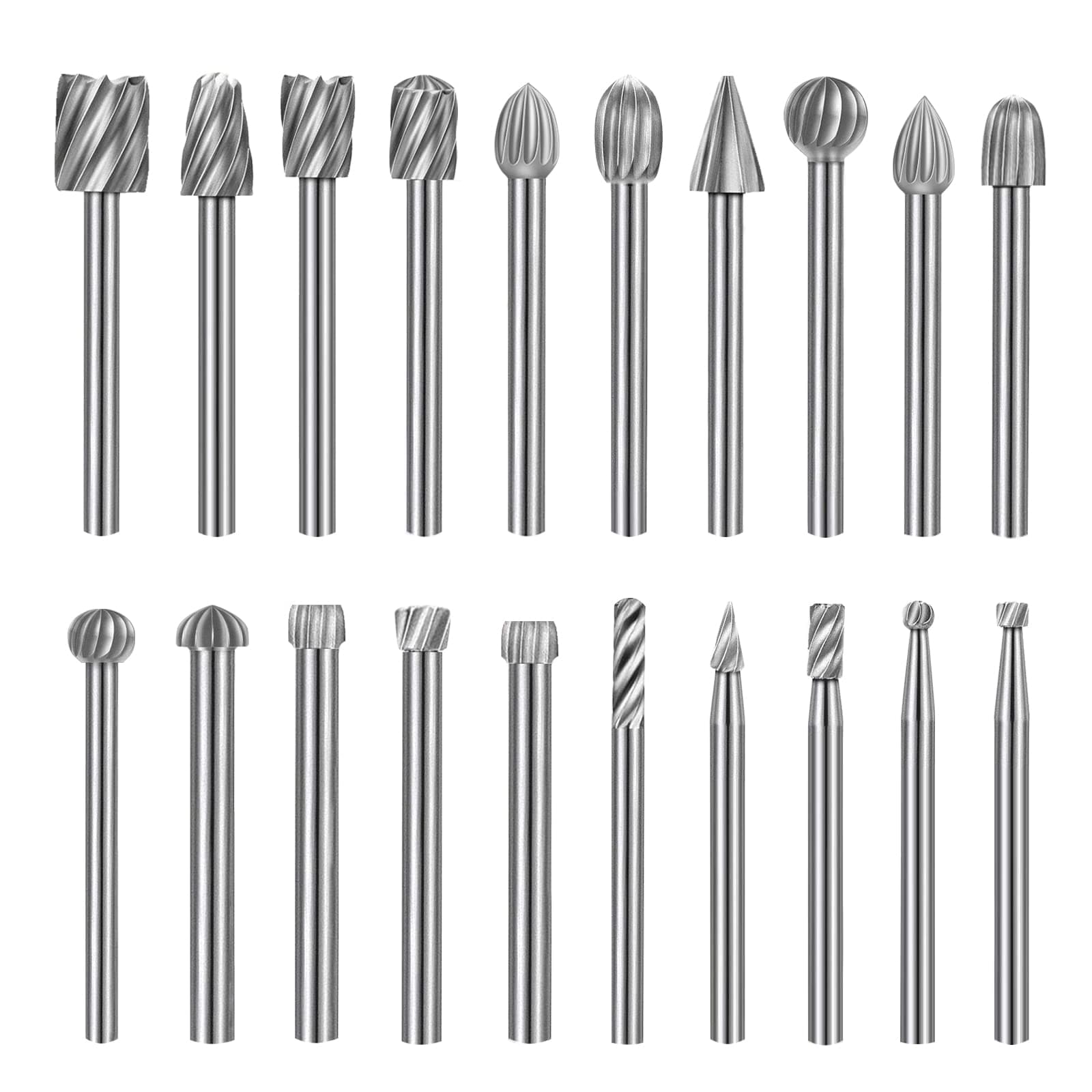 20Pcs Wood Carving Bits Set Compatible with Dremel, Tungsten Carbide Rotary Burr Set, Rotary Tool Accessories with 3mm(1/8”) Shank for DIY Woodworking, Engraving, Drilling, Grooving