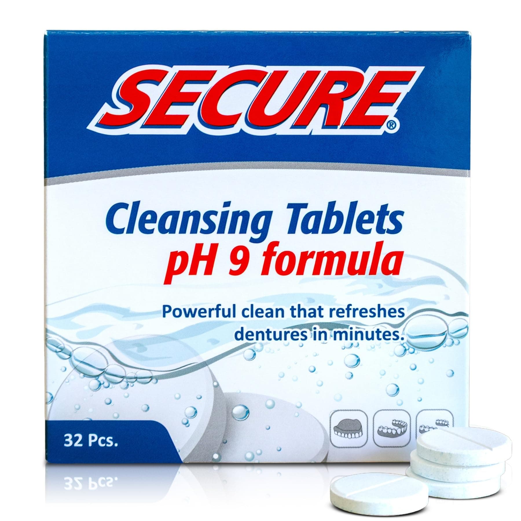 Secure Daily Cleansing Tablets - pH 9 Formula Thoroughly Cleans Dentures - Fights Odors, Stains & Germs - For Dentures, Nightguards, Retainers & Partials - 32 Tablets (1 Pack)