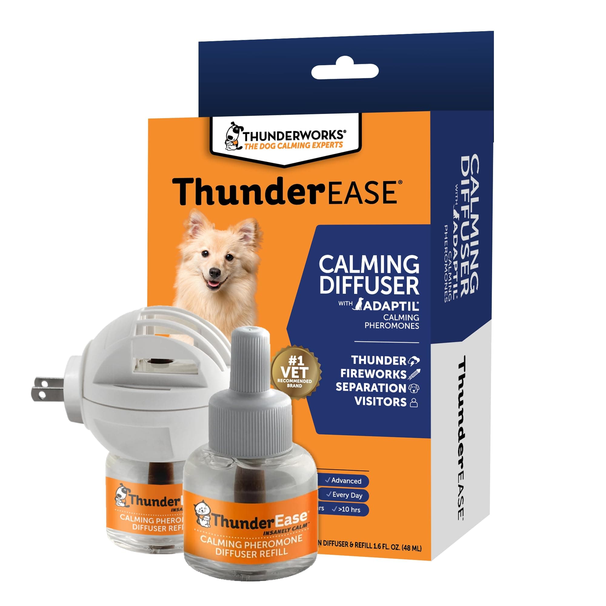 ThunderEase Dog Calming Pheromone Diffuser Kit | Powered by ADAPTIL | Vet Recommended to Relieve Separation Anxiety, Stress Barking and Chewing, and the Fear of Fireworks and Thunderstorms (60 Day Sup
